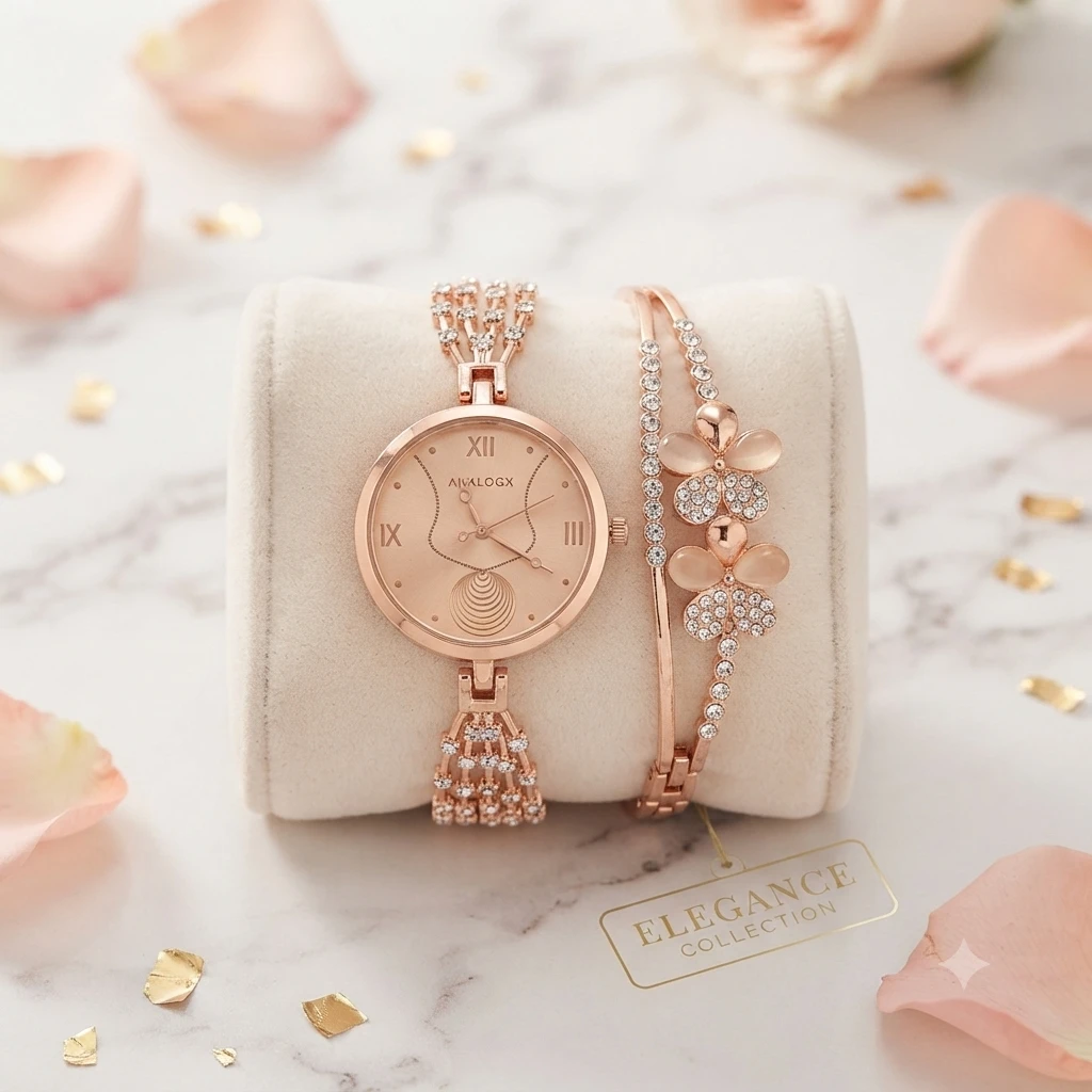 Analogx rose gold analog watch paired with a matching floral crystal-studded bracelet.