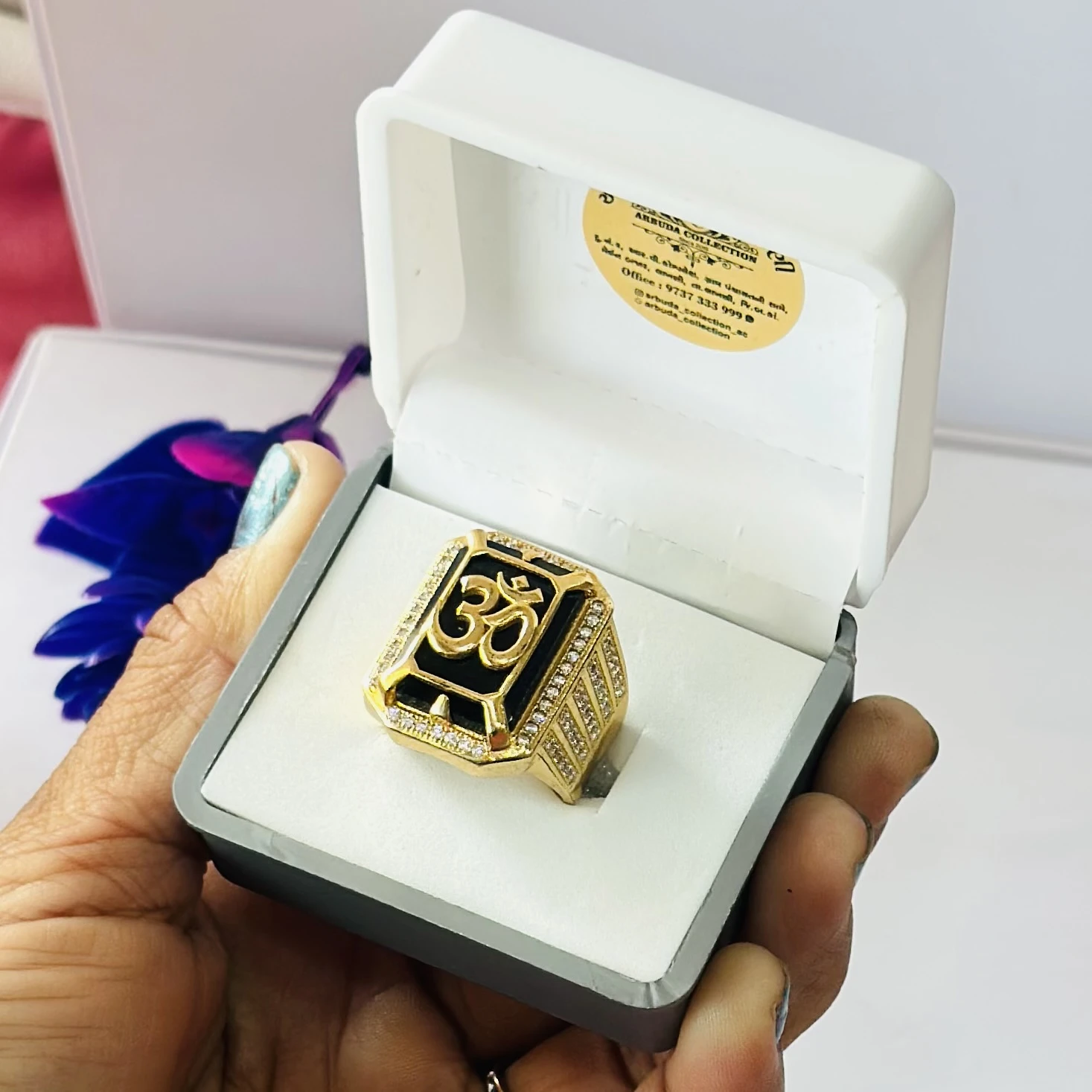 Gold plated brass men's ring featuring an 'Om' symbol