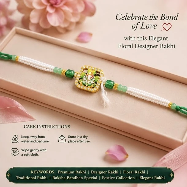 Rakhi features a square-shaped Ganesh motif center embellished with vibrant green enamel and small rhinestones.