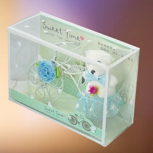 White Plastic Cycle with Teddy Bear and Rose Petals Gift Box