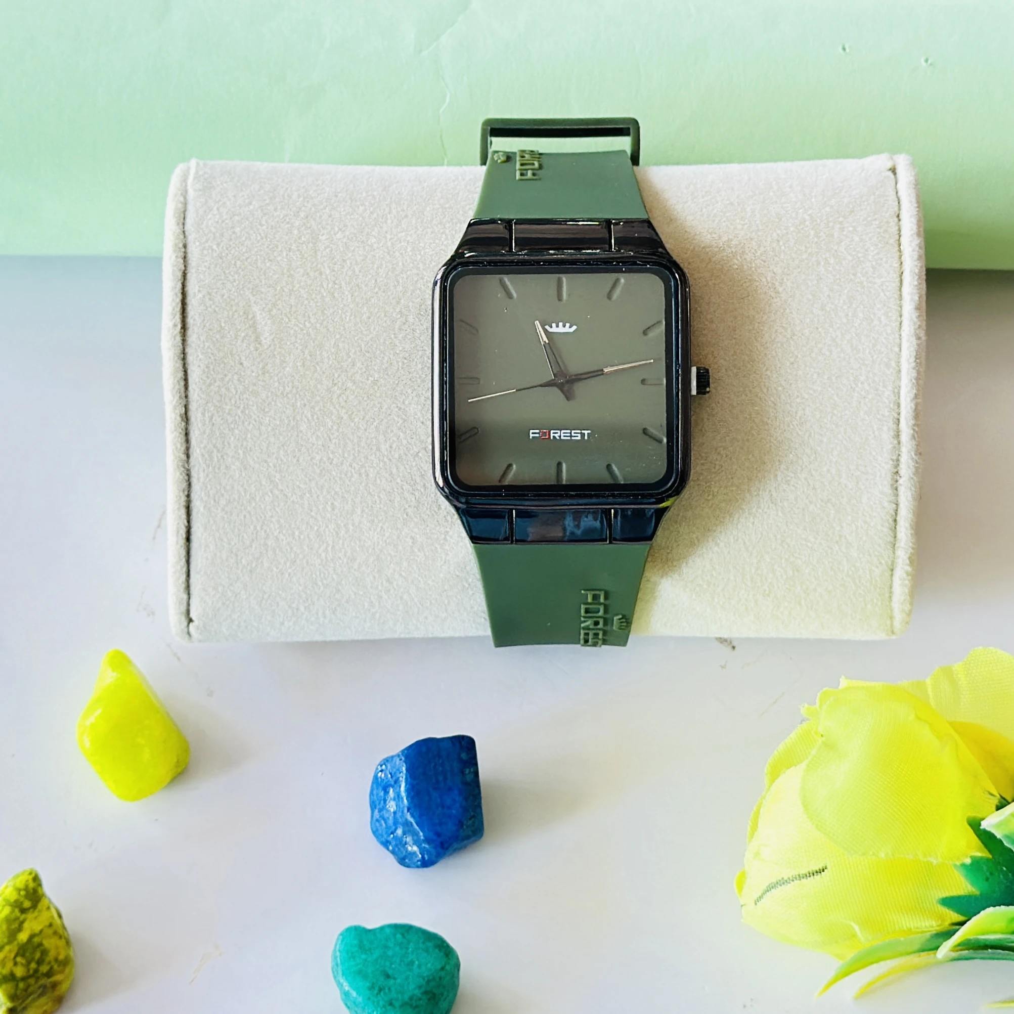 Forest FRT-917-BK analog watch for men features a square black dial and a matching green silicone strap.