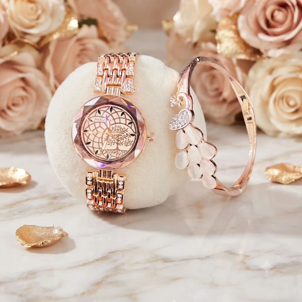 stylish rose gold women's analog watch and matching peacock bracelet set