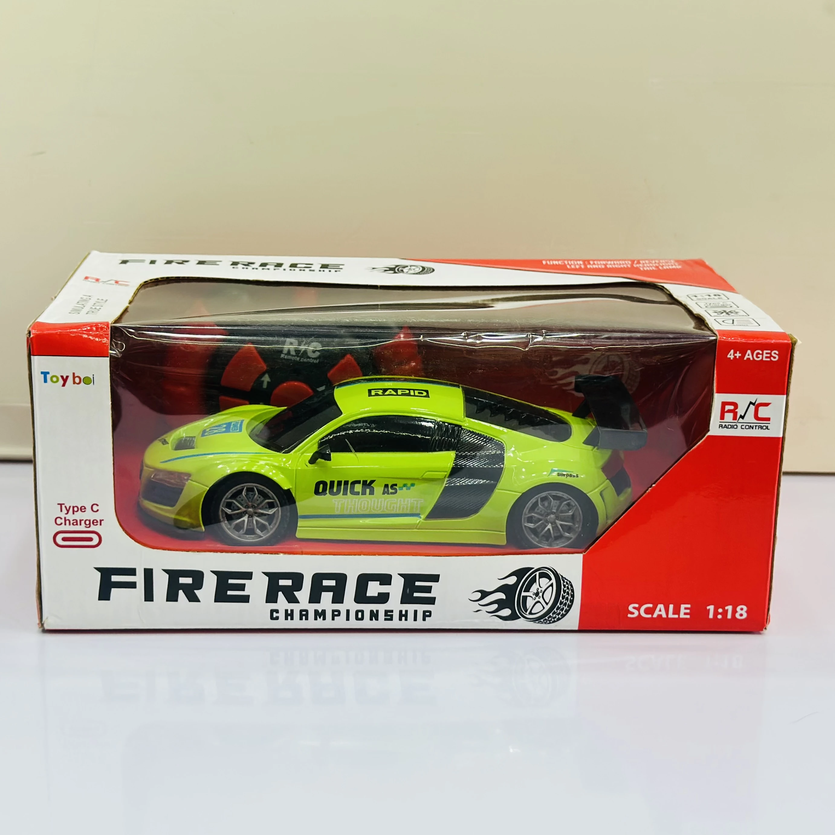 Firerace Championship" remote control (R/C) toy car modeled after an Audi R8.