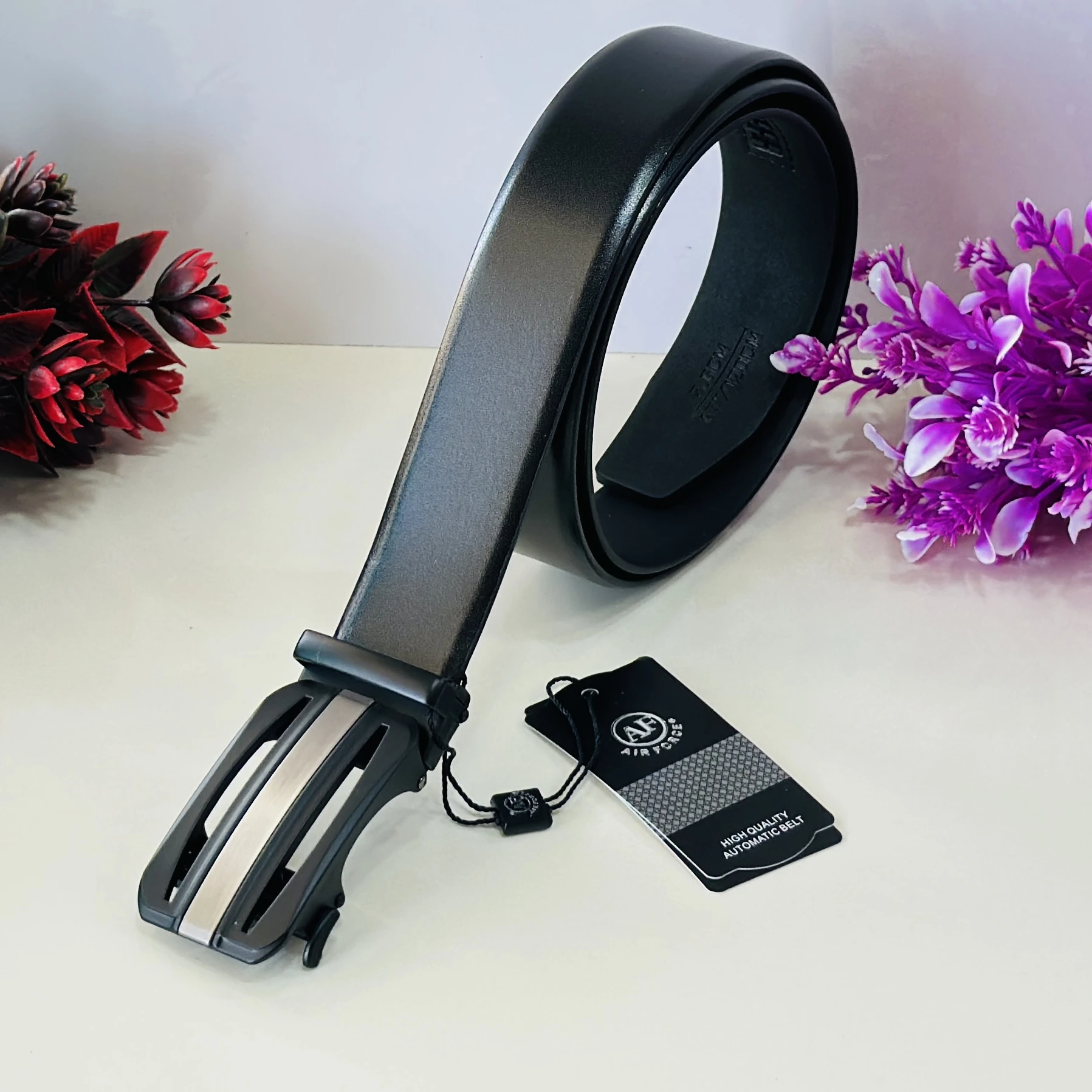 Men's Artificial Leather Auto Lock Buckle Belt for Men (Black)