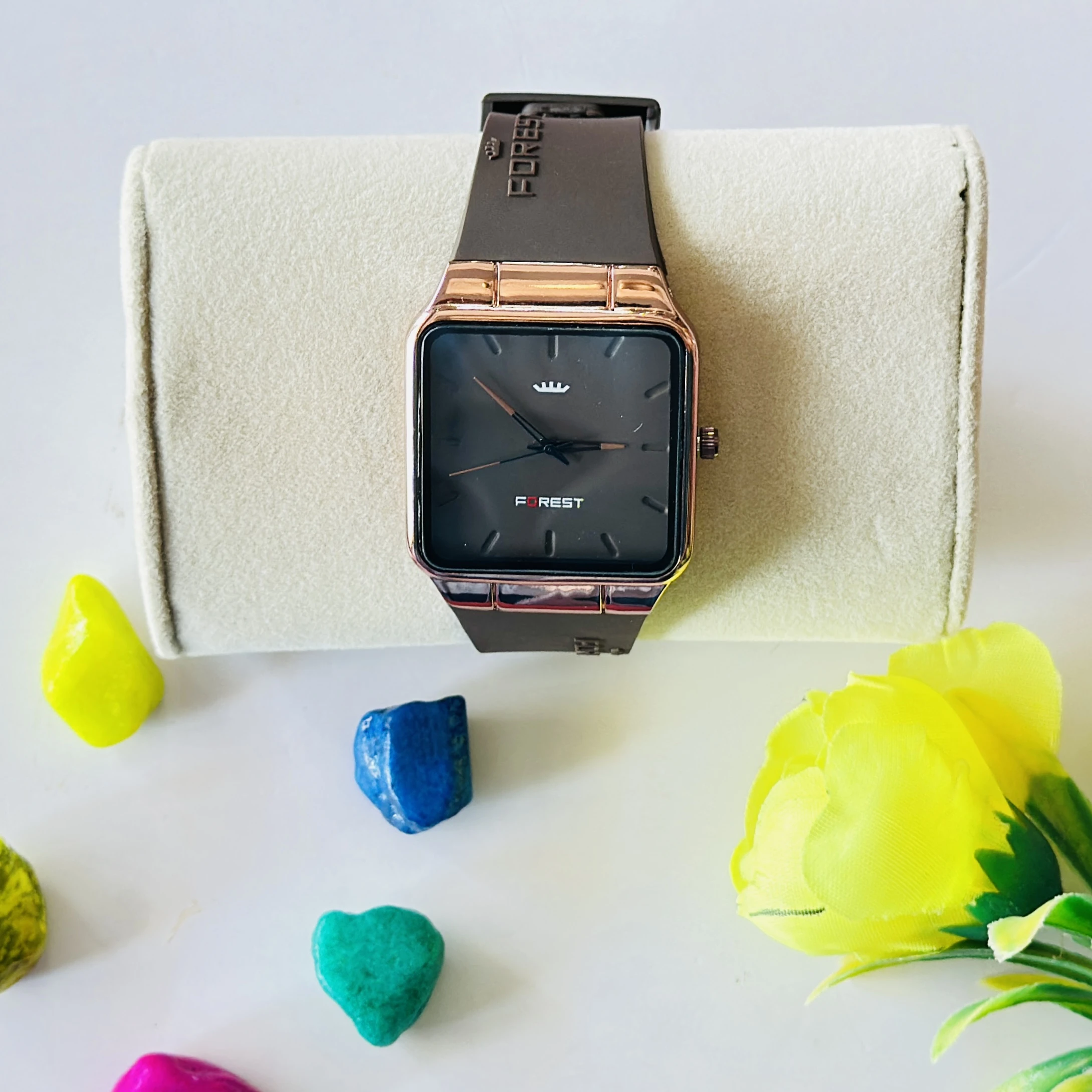 Forest Men's Analog Watch with a square dial case and quartz movement.