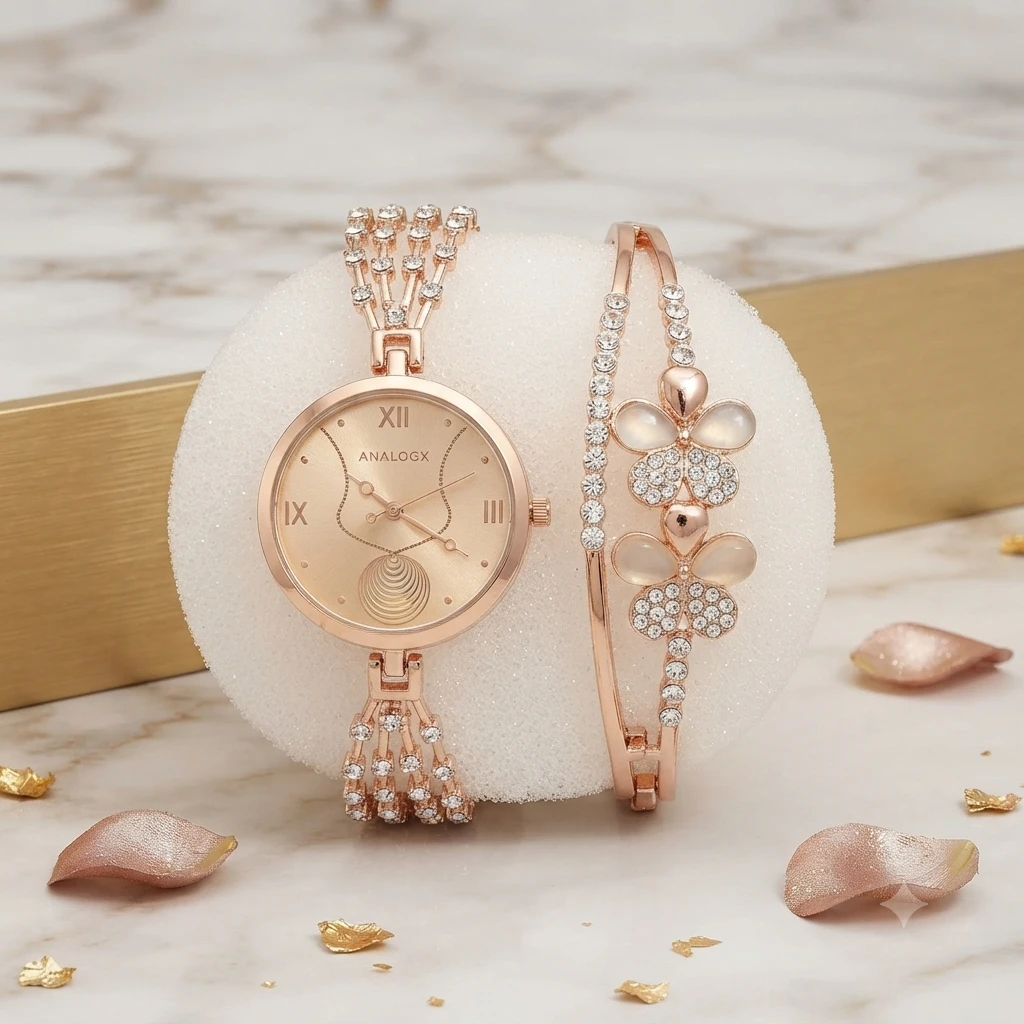 Analogx rose gold analog watch paired with a matching floral crystal-studded bracelet.