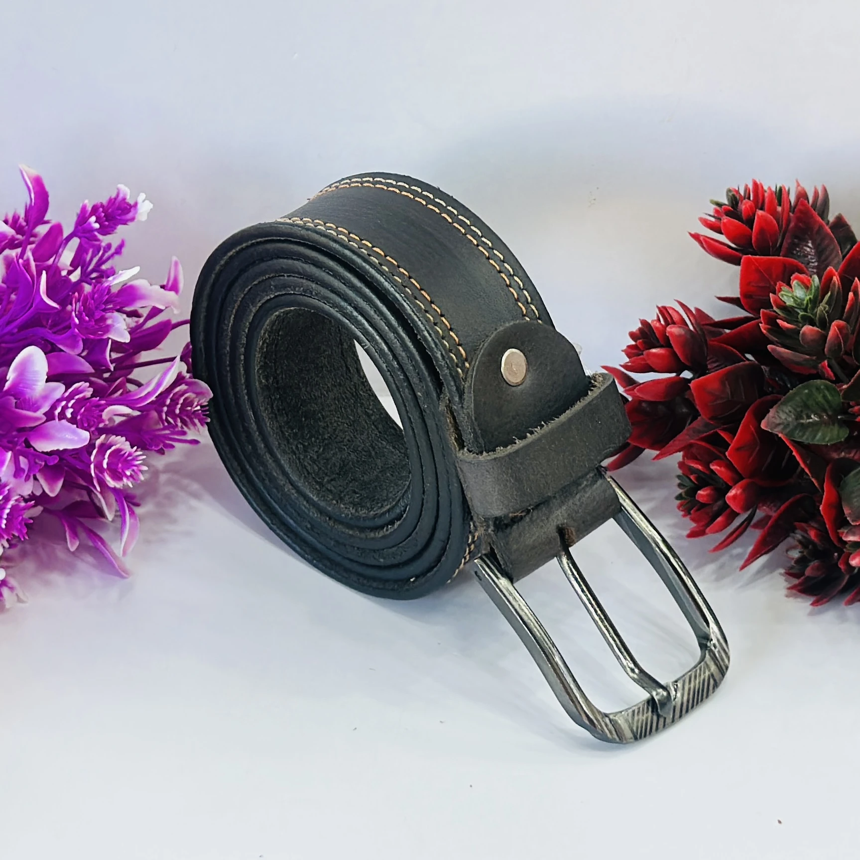 Black genuine leather men's belt