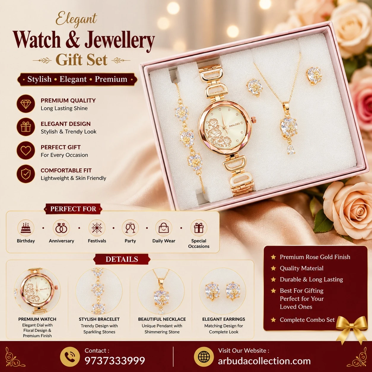 Rose  gold-tone women's analog watch, bracelet, necklace, and matching stud earrings gift set