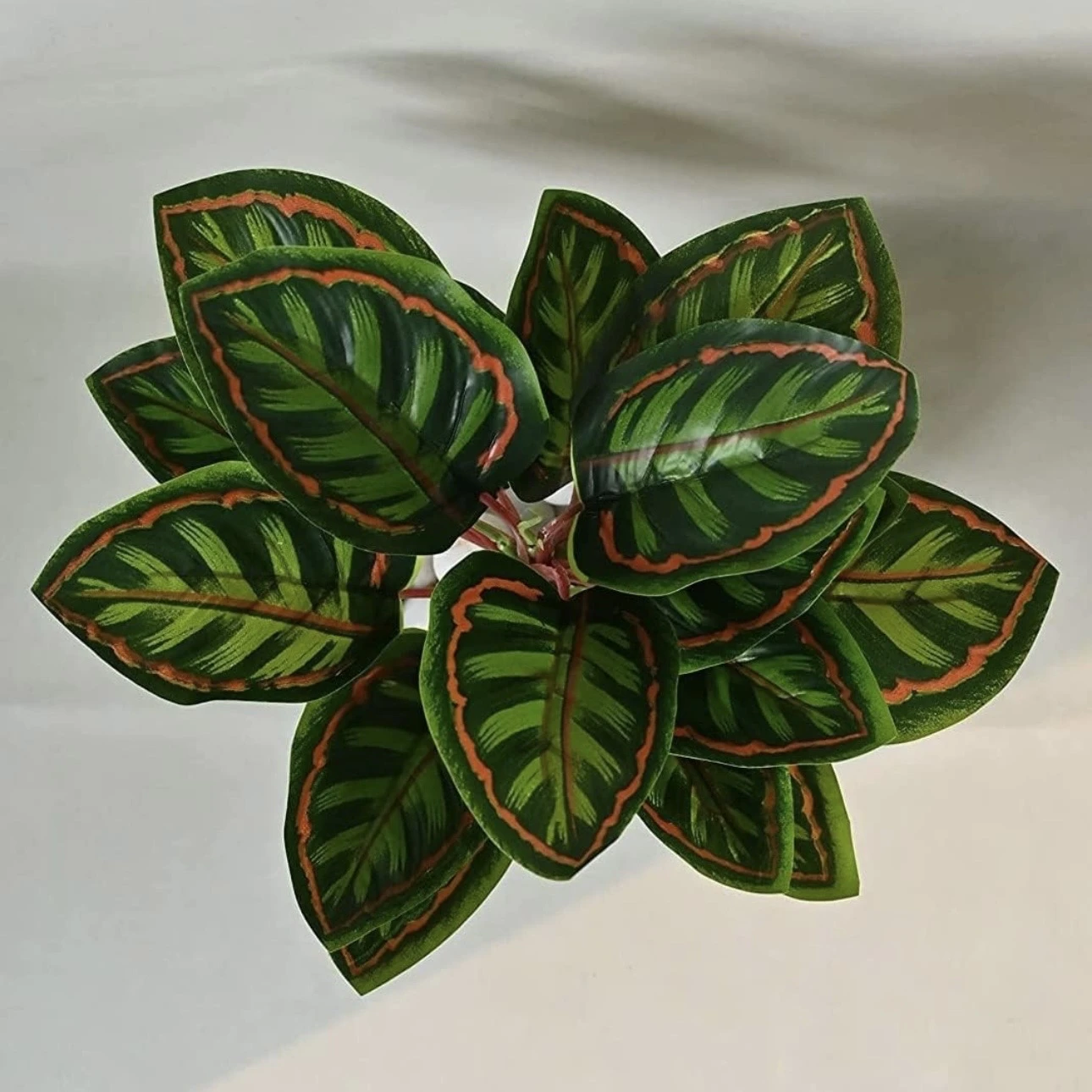 An artificial Calathea plant in a black plastic pot.