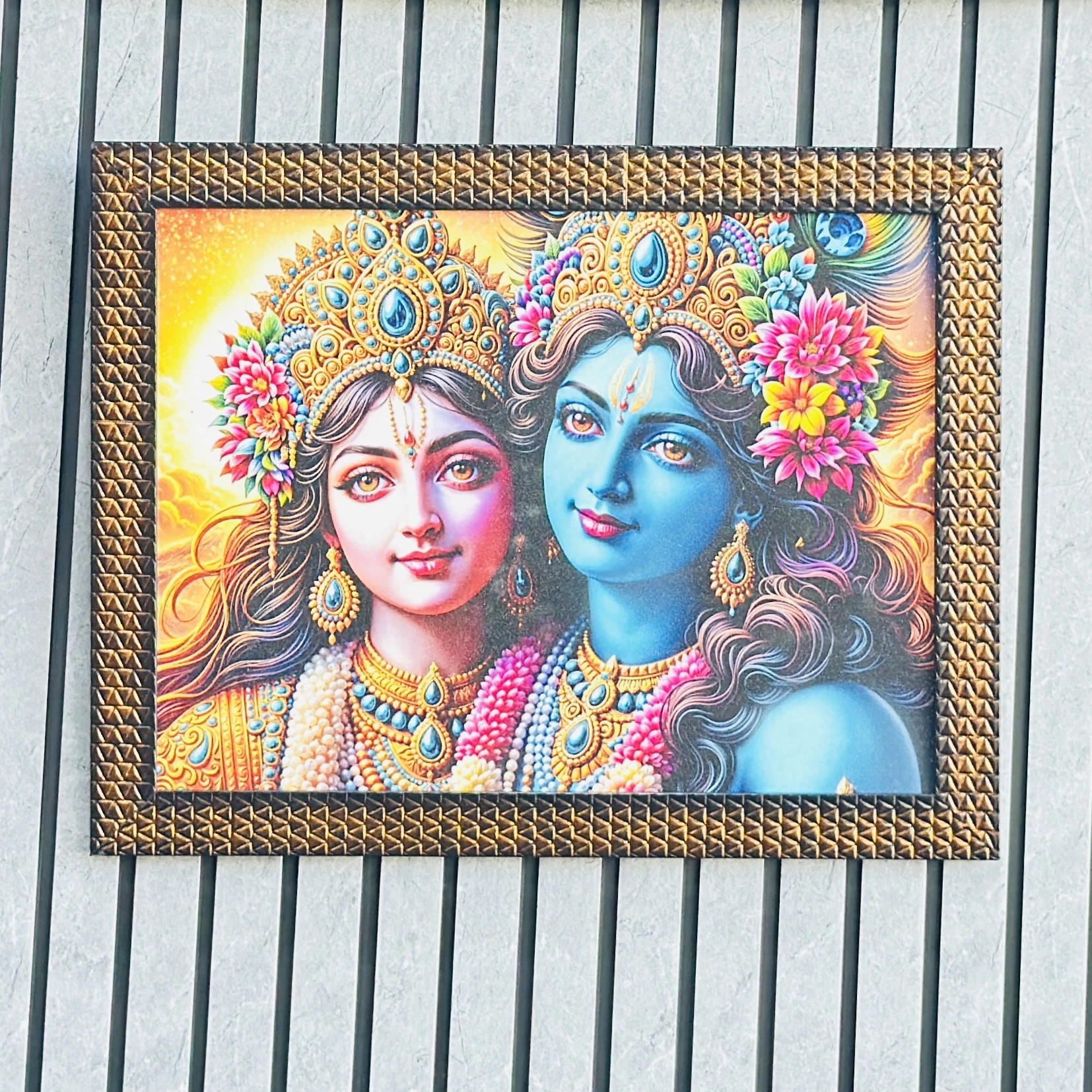 Radha Krishna wall painting (SKU CEVBF8 )featuring a synthetic or textured frame.