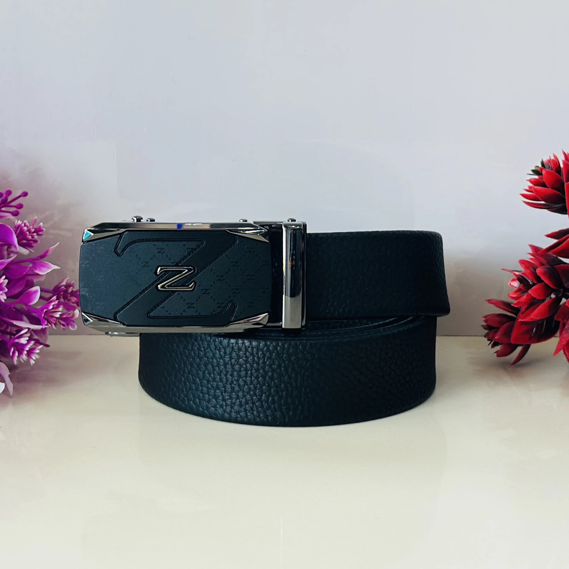 Black faux leather men's belt
