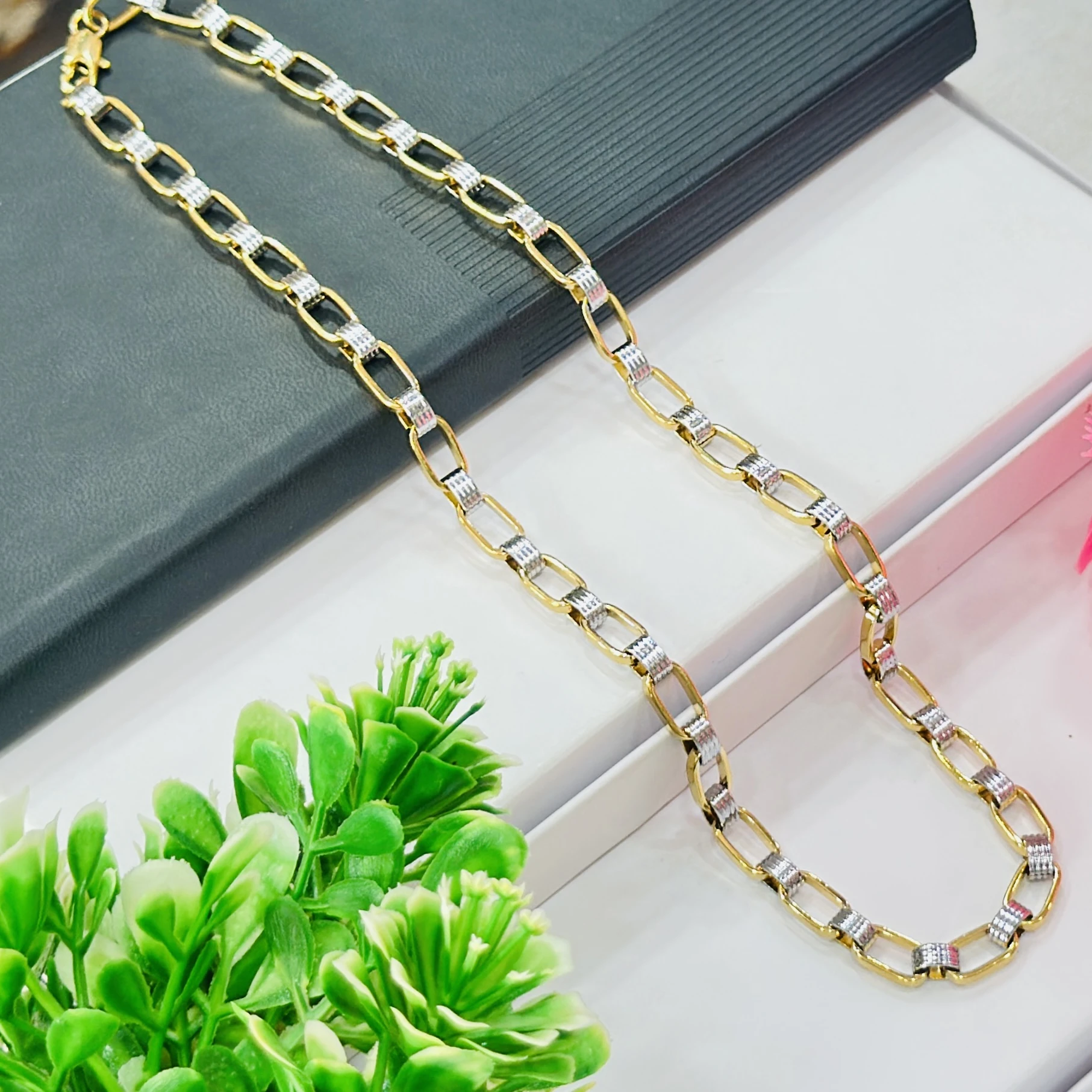 Gold and silver-plated rectangular link chain