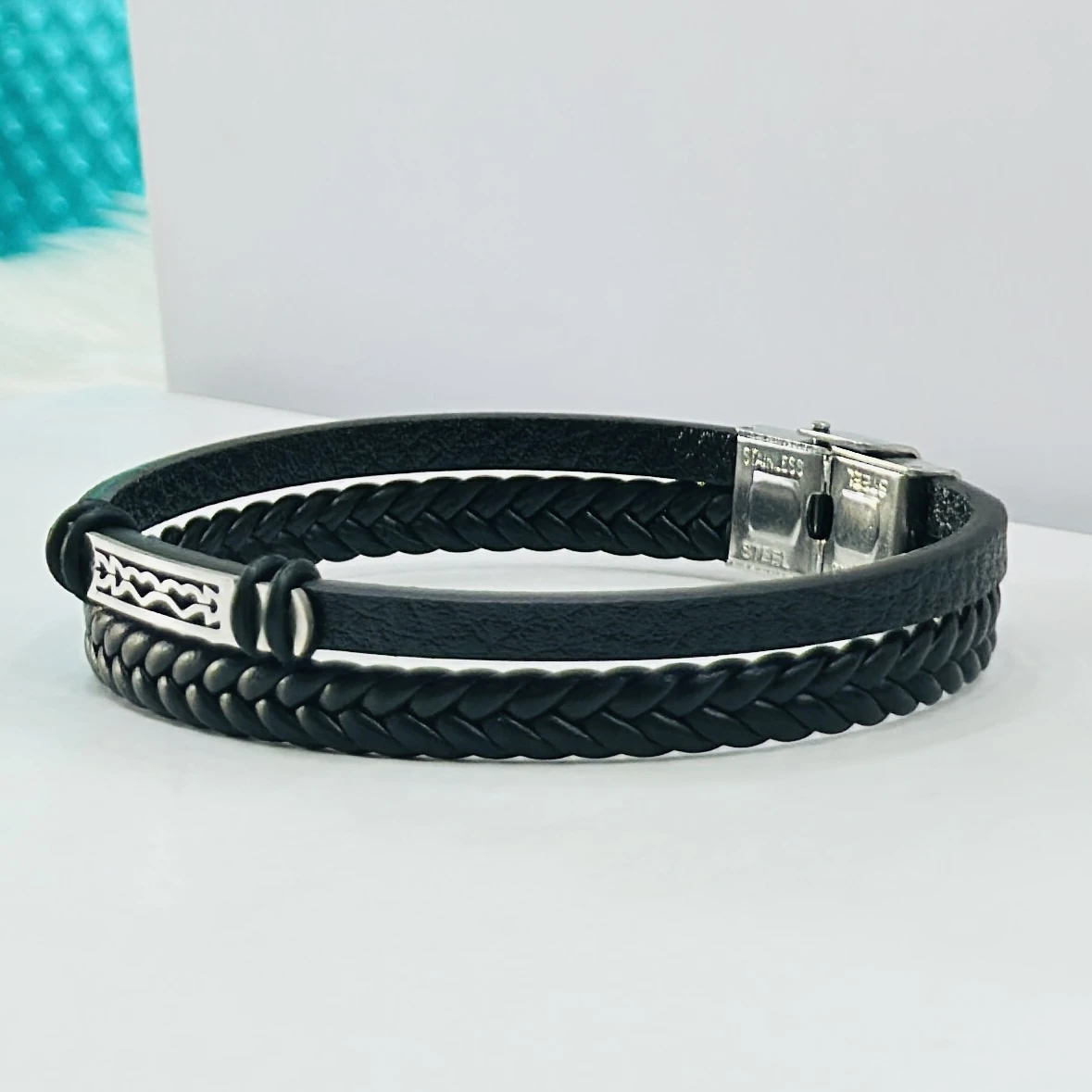 Black multi-layered braided leather bracelet