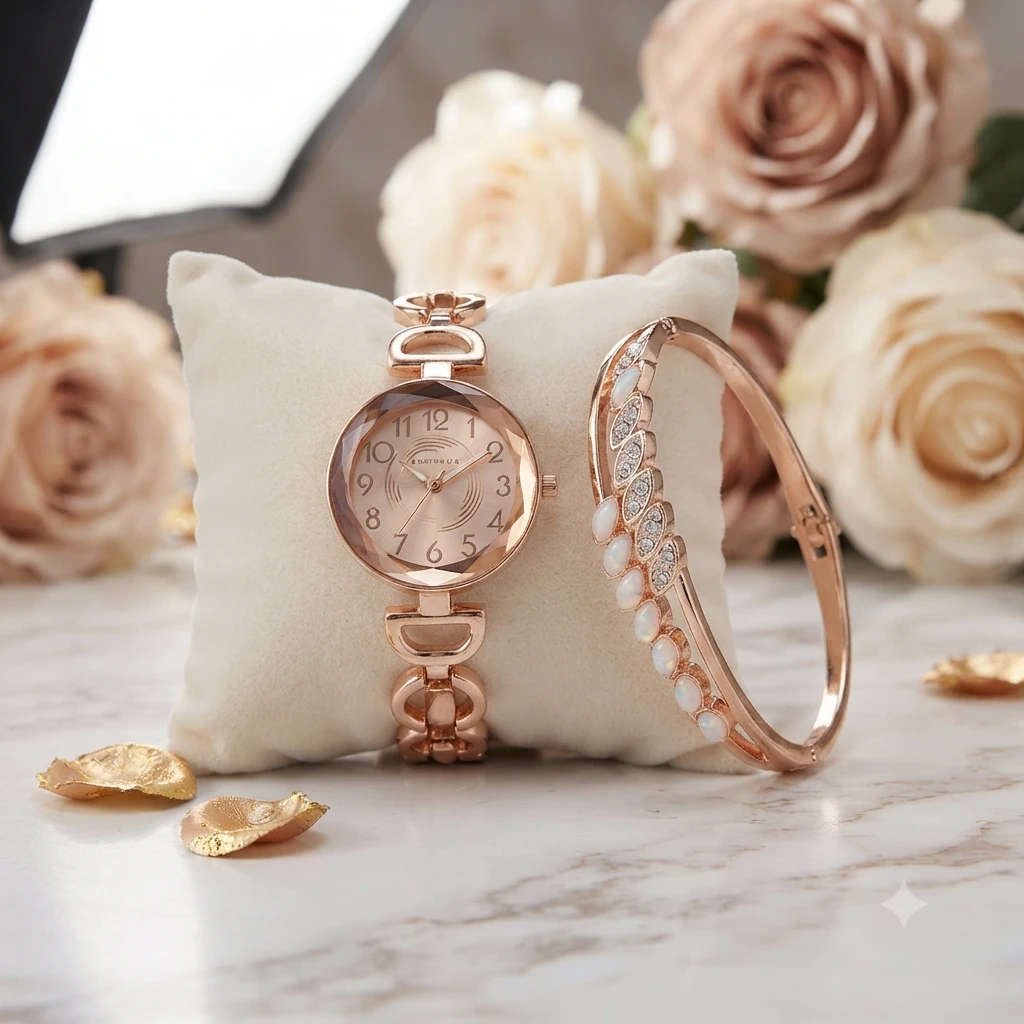 stylish rose gold women's analog watch and matching peacock bracelet set