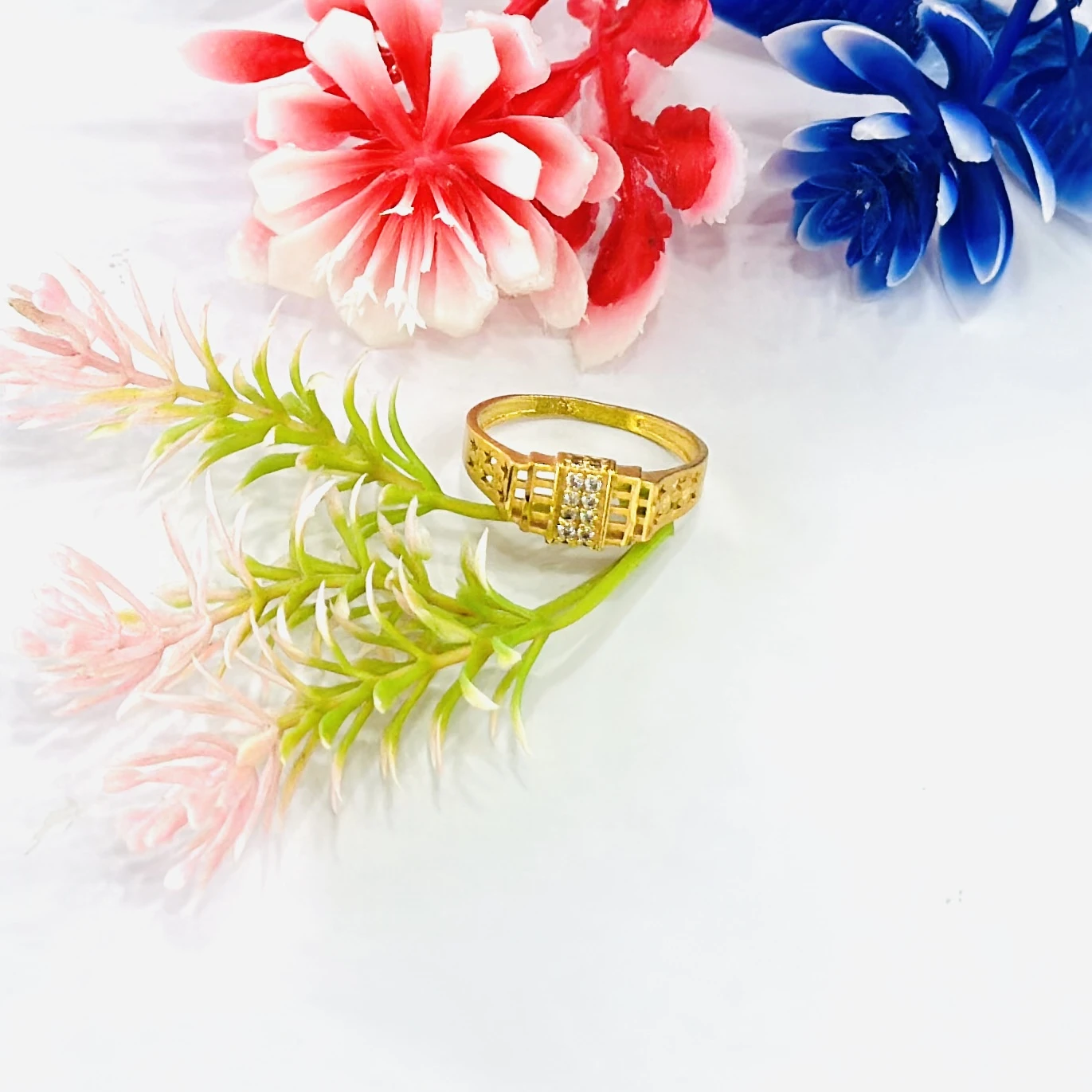 gold-plated men's finger ring with AD (American Diamond) stones, likely made of brass
