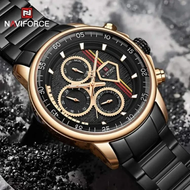 Men’s watch with a black dial and rose gold accents.