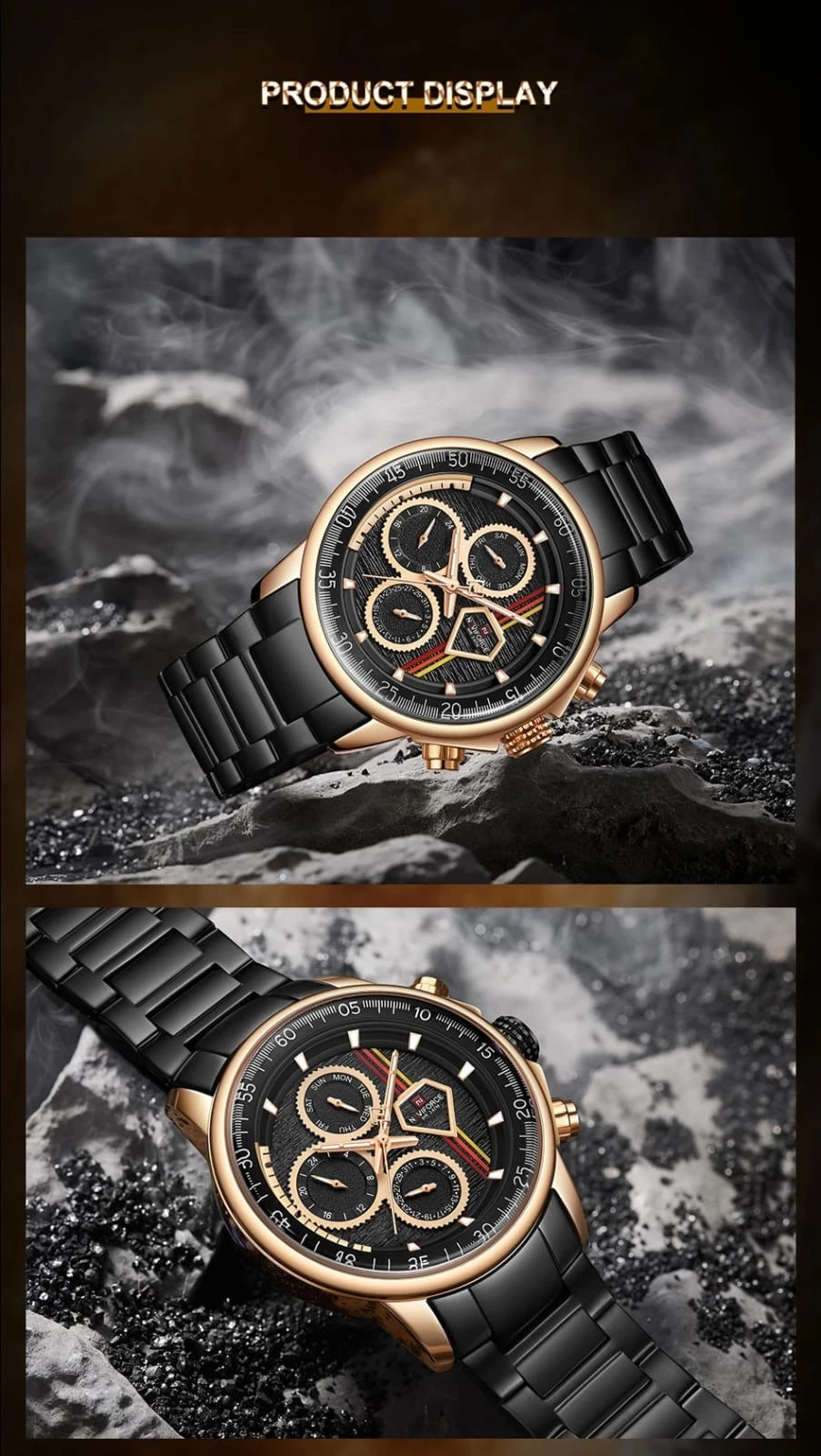 Men’s watch with a black dial and rose gold accents.