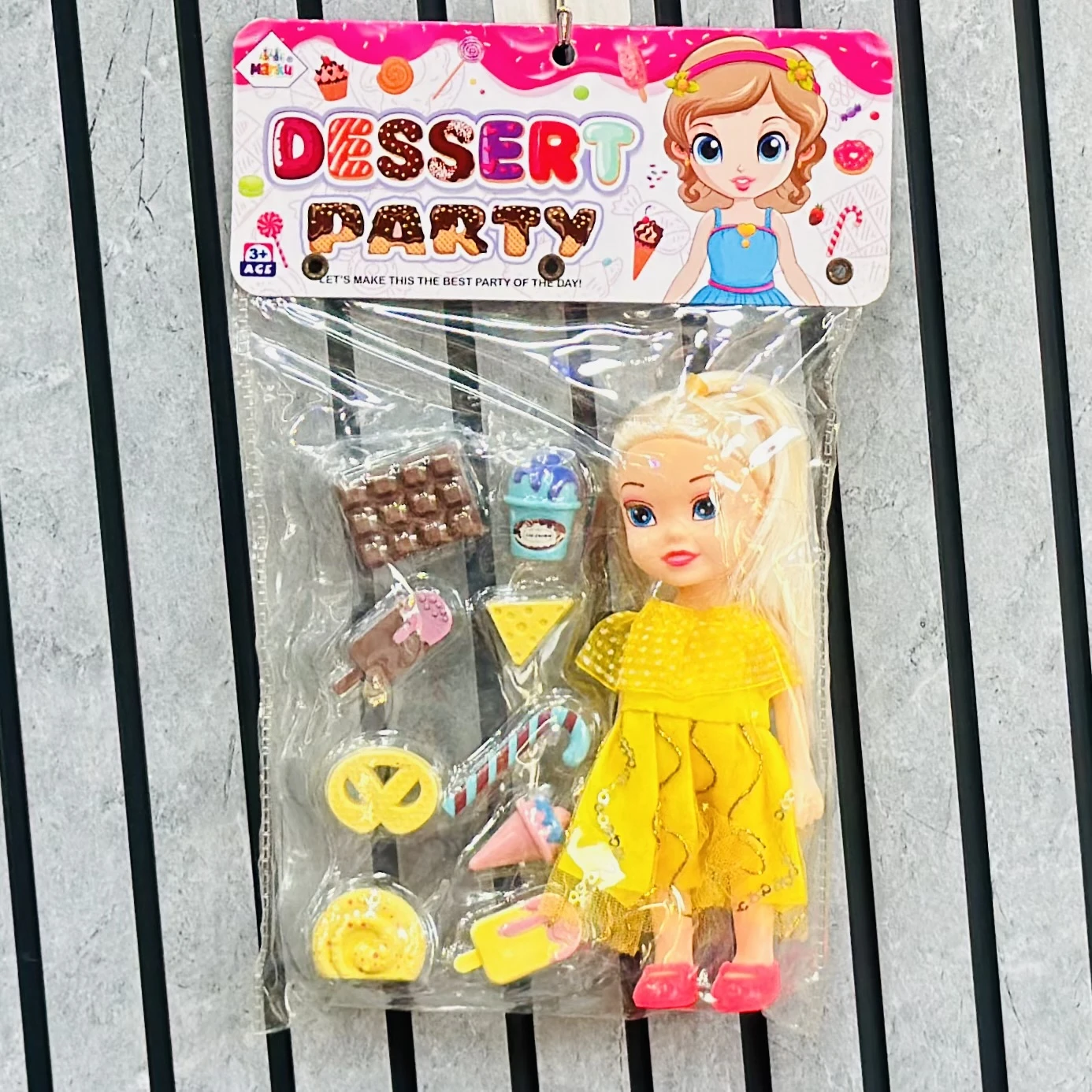 Dessert Party" mini doll playset with accessories.