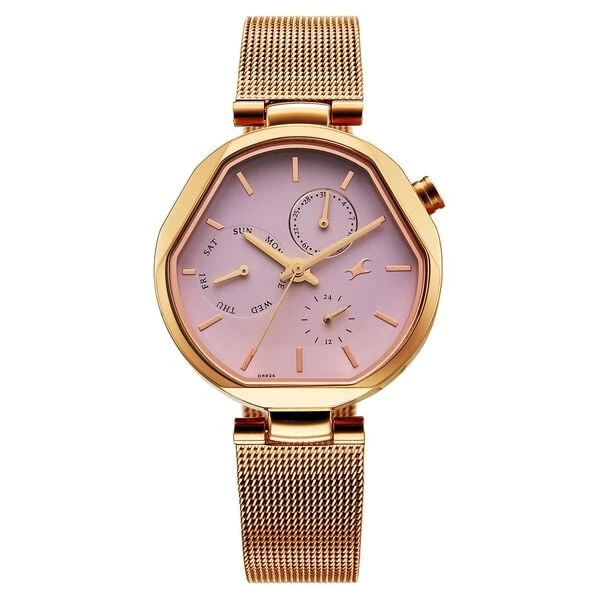 Fastrack Tick Tock Quartz Multifunction Pink Dial Stainless Steel Strap Watch For Girls
