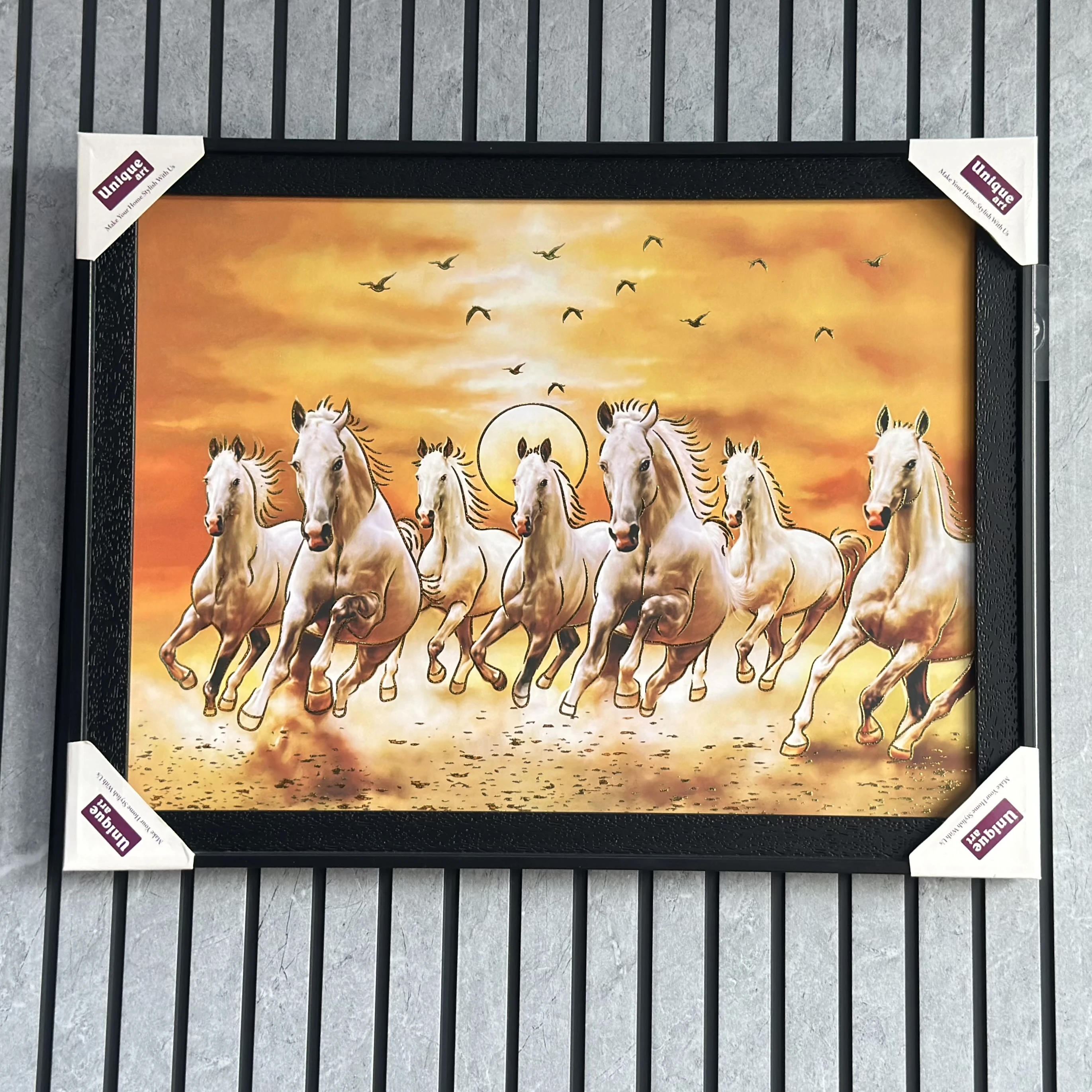 Seven running white horses at sunset.(SKU-BOE3NI)