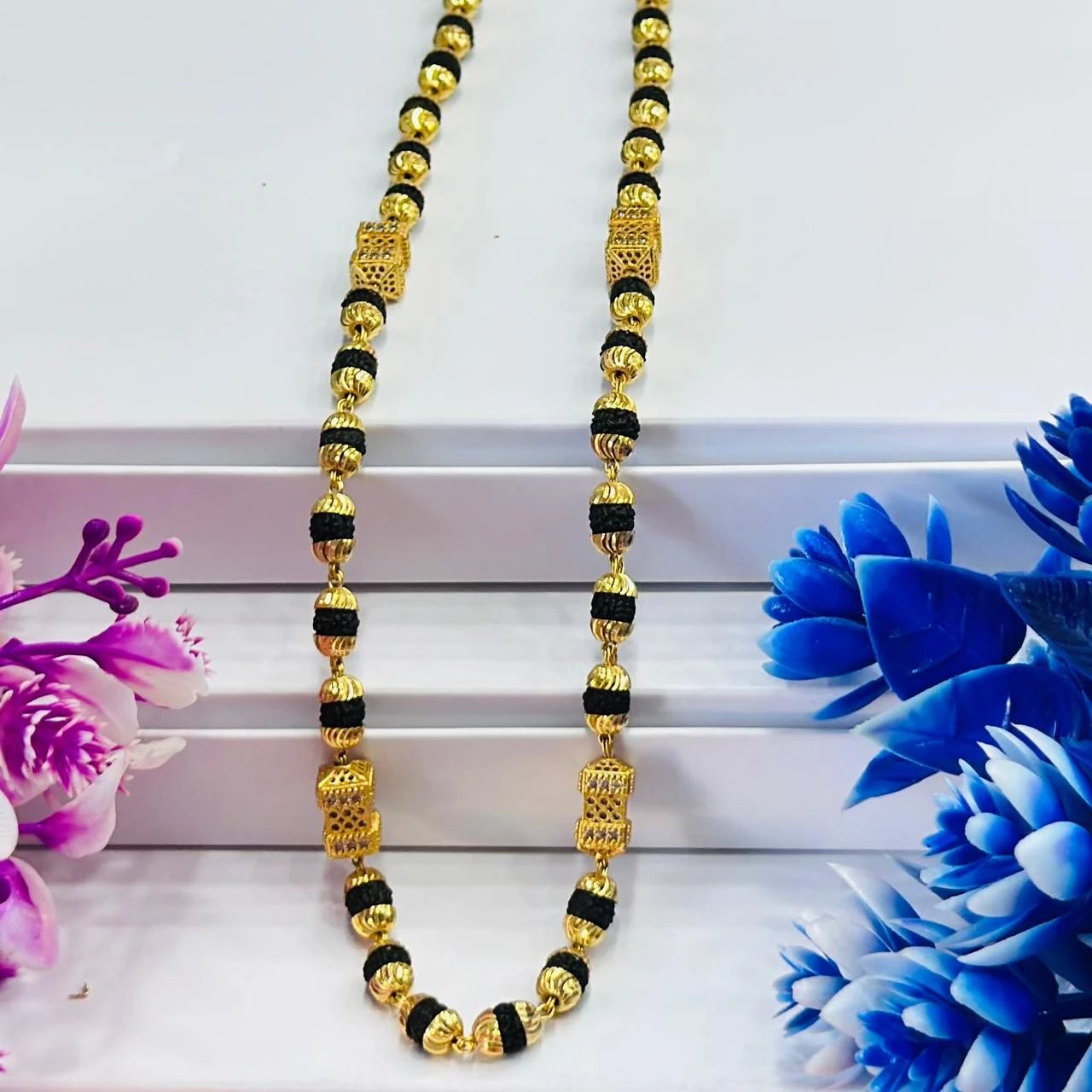Golden Flower Brown Rudraksha Mala