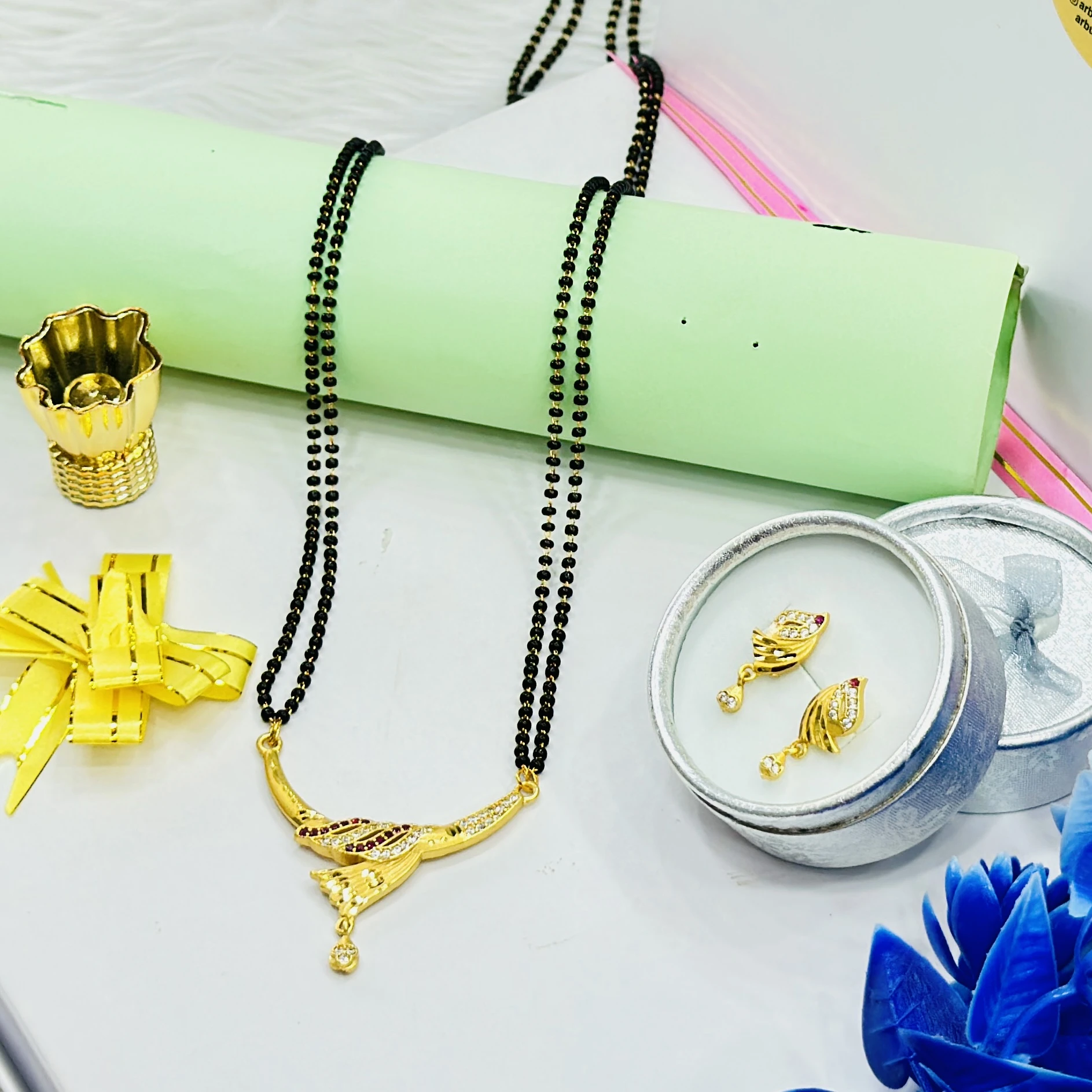Gold plated brass mangalsutra necklace and earring set