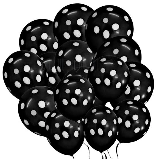 package of black party balloons with white polka dots.