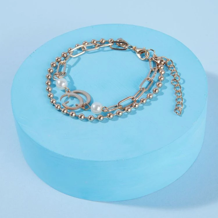 Layered Gold Plated and Pearl Link Chain Bracelet