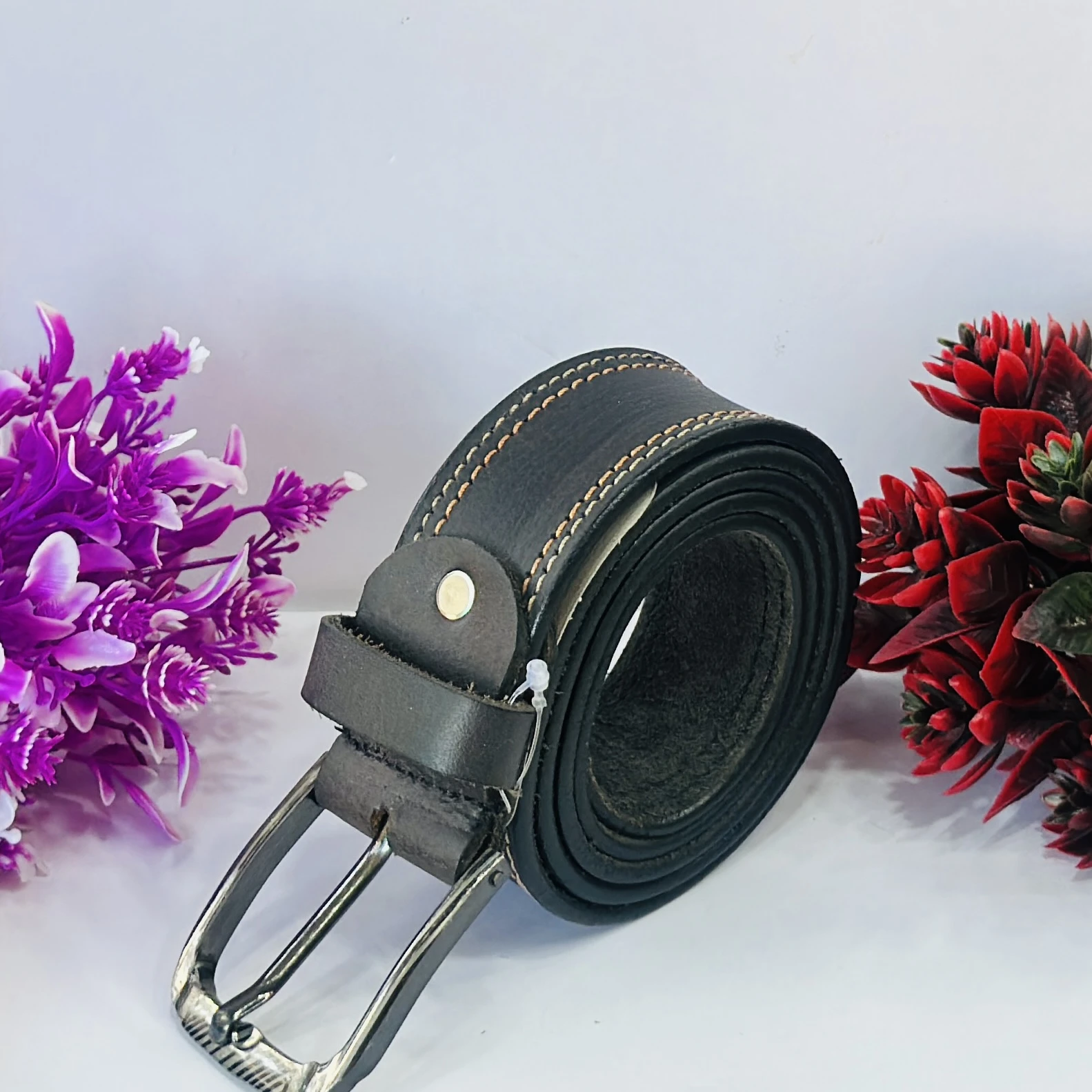 Black genuine leather men's belt