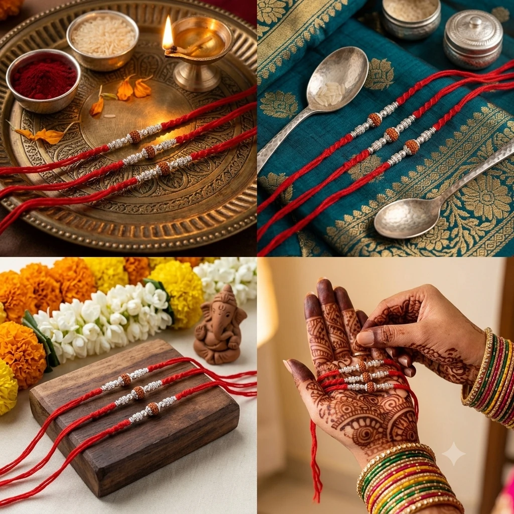 handmade premium stone beads Mauli thread Rakhis typically sold in sets for Rakshabandhan.