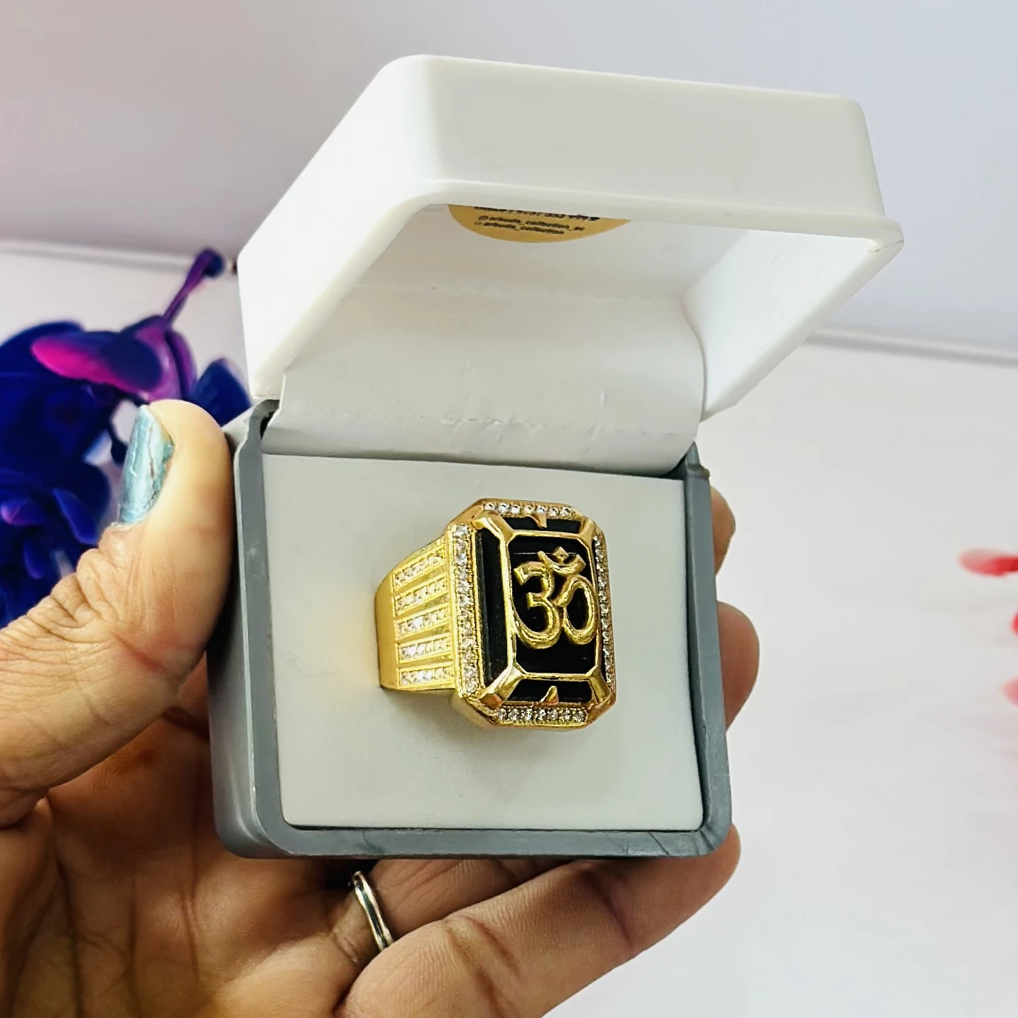 Gold plated brass men's ring featuring an 'Om' symbol