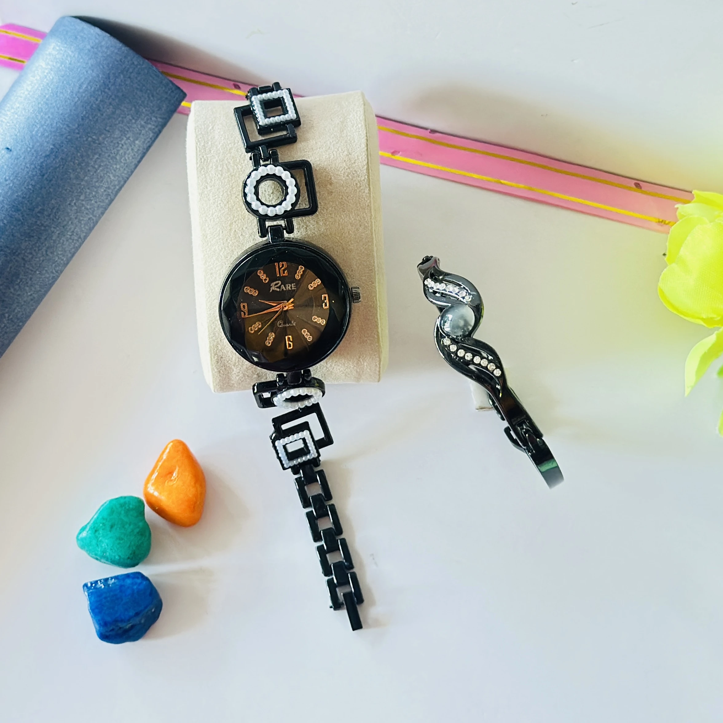 black and silver fashion watch and bangle bracelet set for women and girls