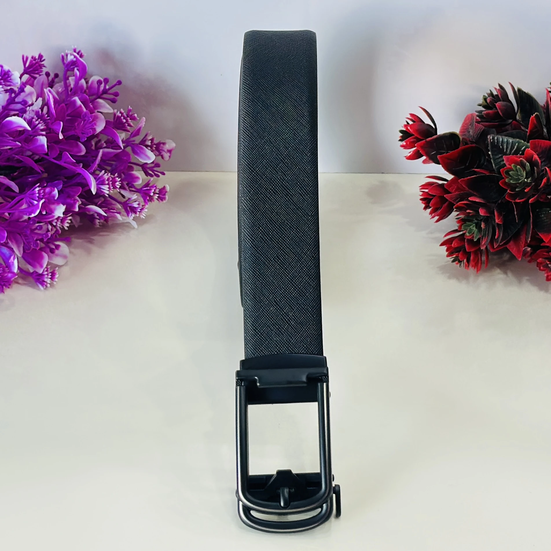 Black genuine leather formal belt for men