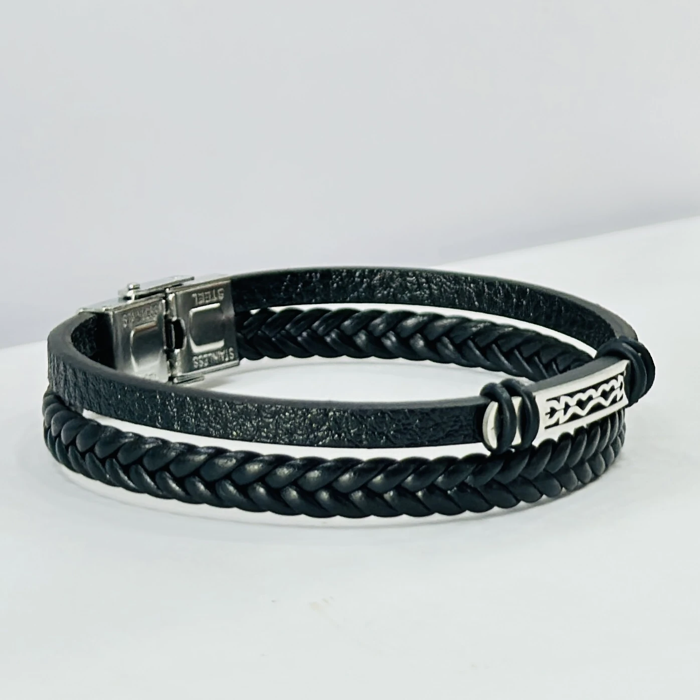 Black multi-layered braided leather bracelet