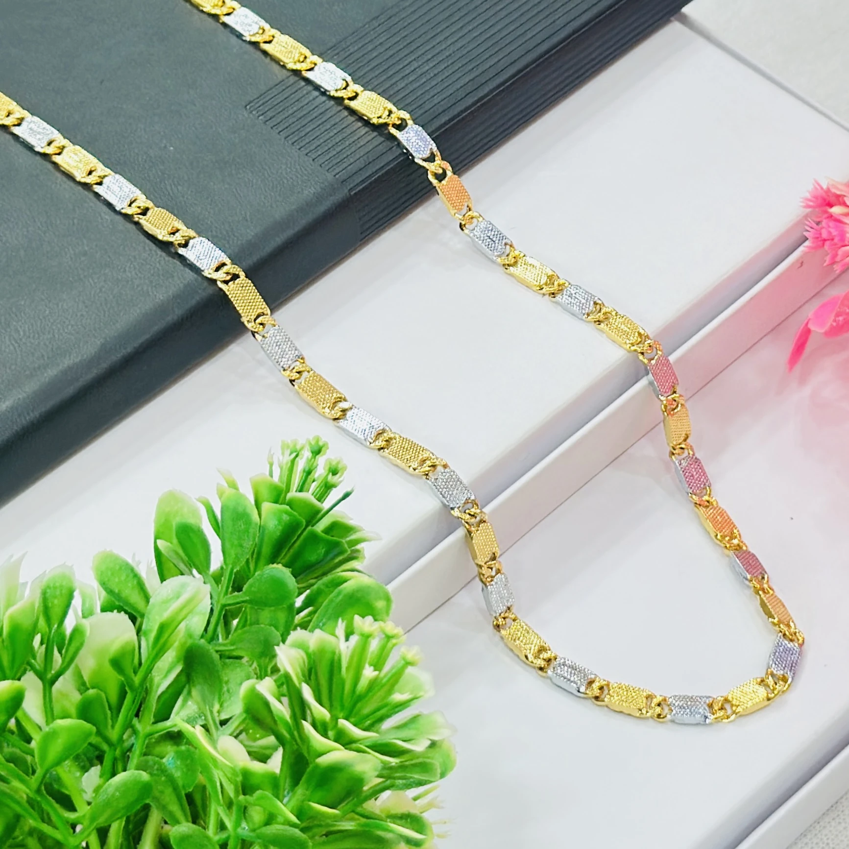 Gold and silver-plated rectangular link chain