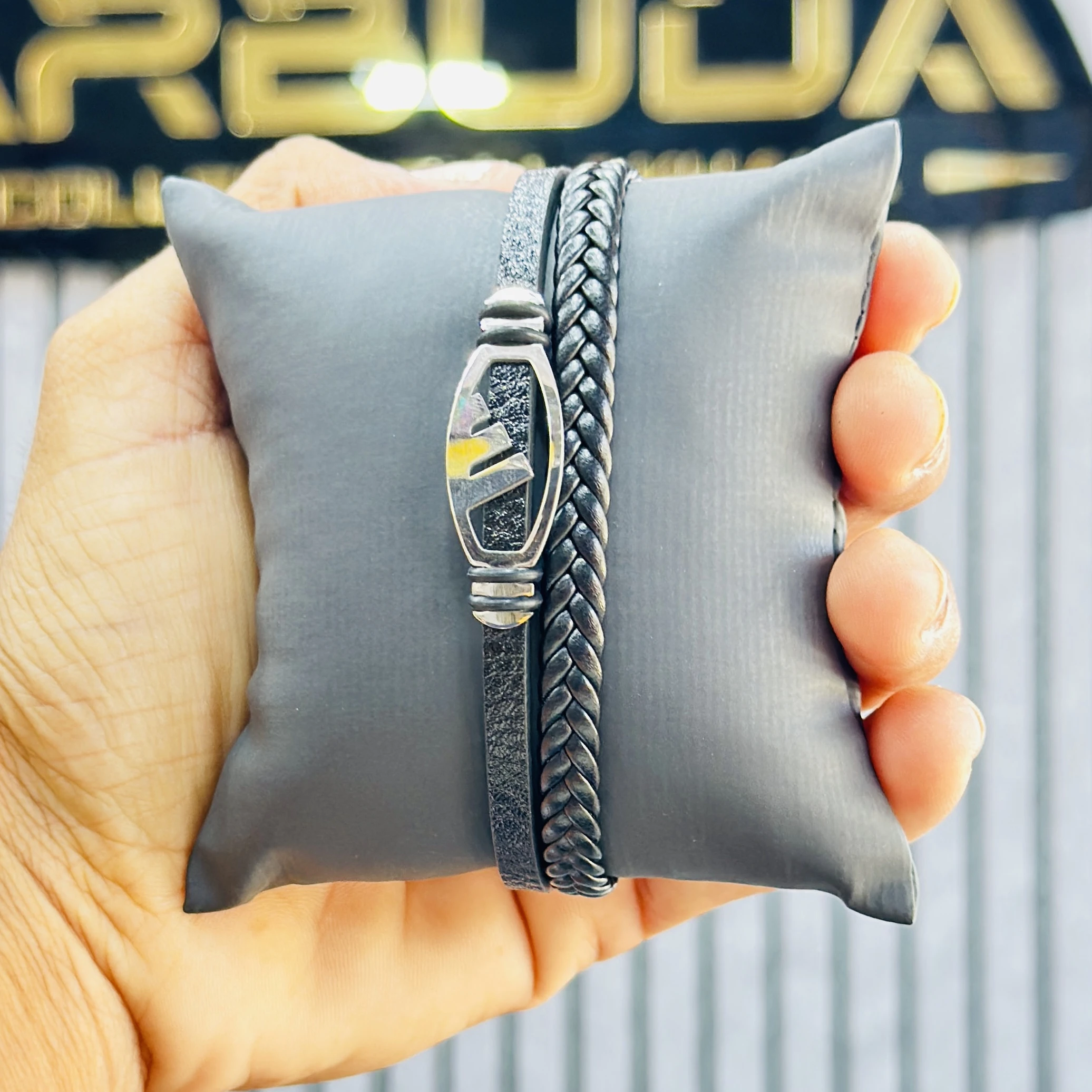 men's stainless steel and leather wraparound bracelet