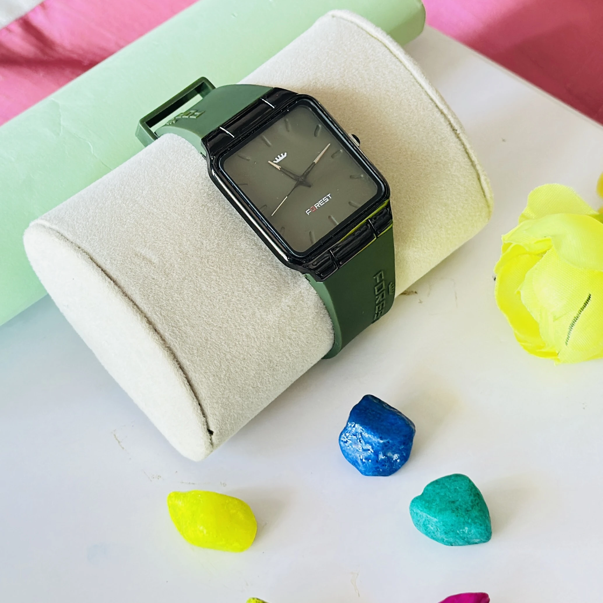 Forest FRT-917-BK analog watch for men features a square black dial and a matching green silicone strap.