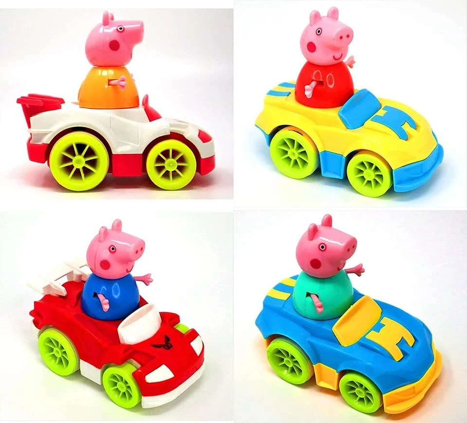 set of four "Cute Car" inertia-powered toy cars featuring characters resembling the Peppa Pig family.