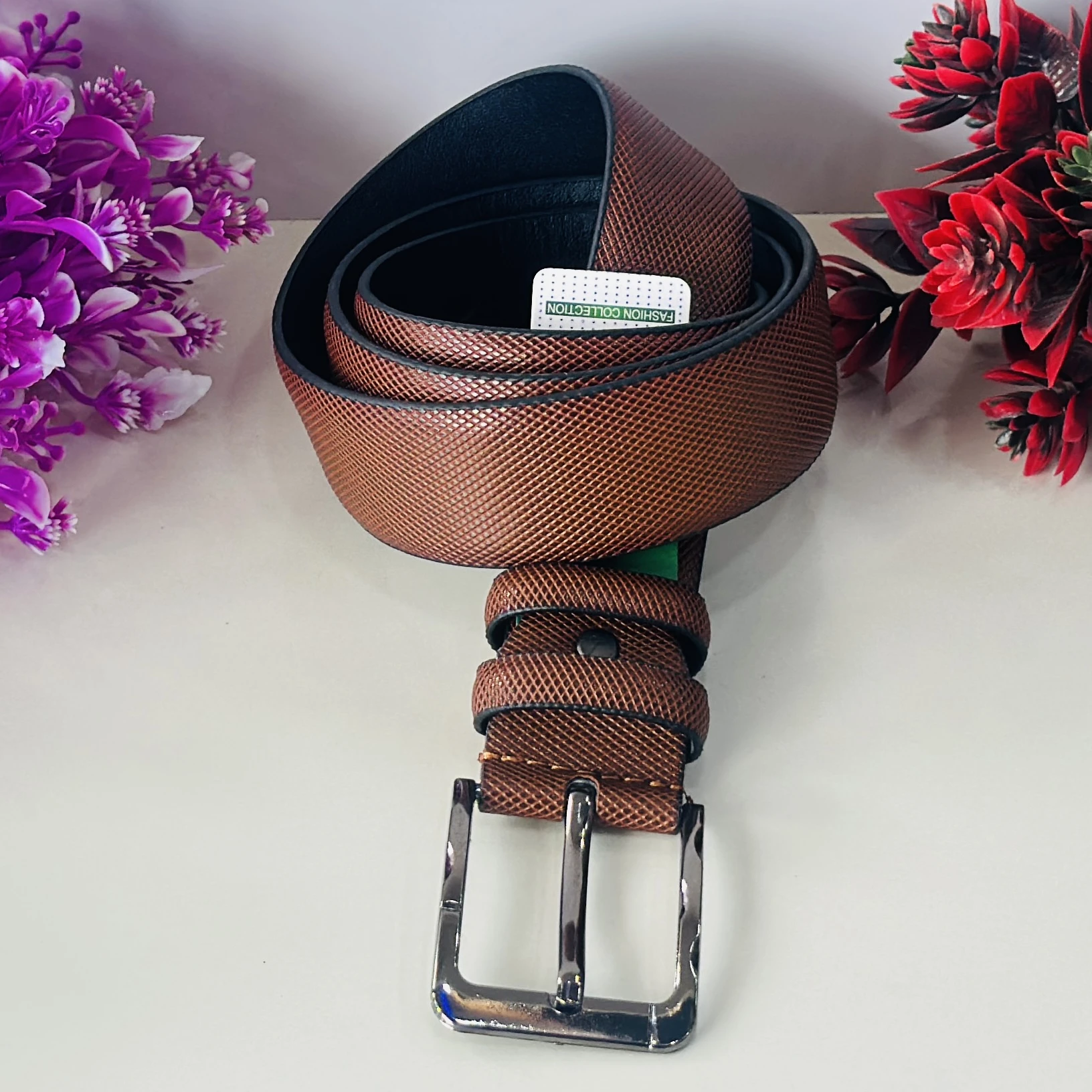 Brown textured leather belt