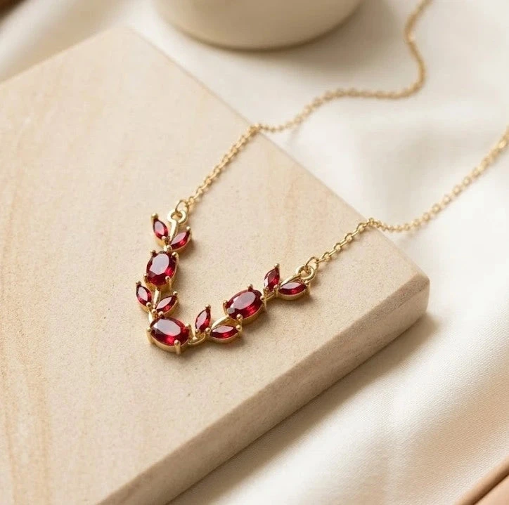 Moncheri Tulip Red Stone Floral Vine Necklace