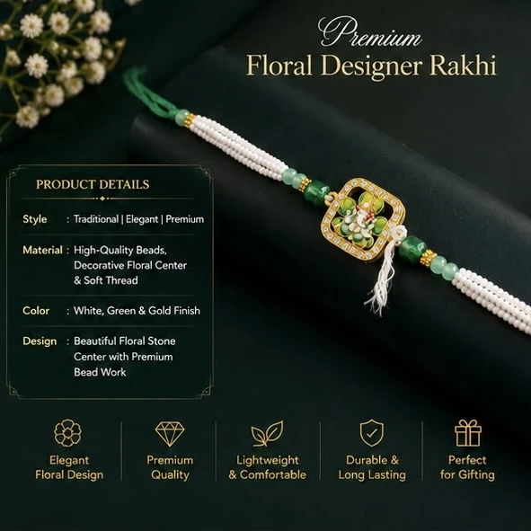 Rakhi features a square-shaped Ganesh motif center embellished with vibrant green enamel and small rhinestones.