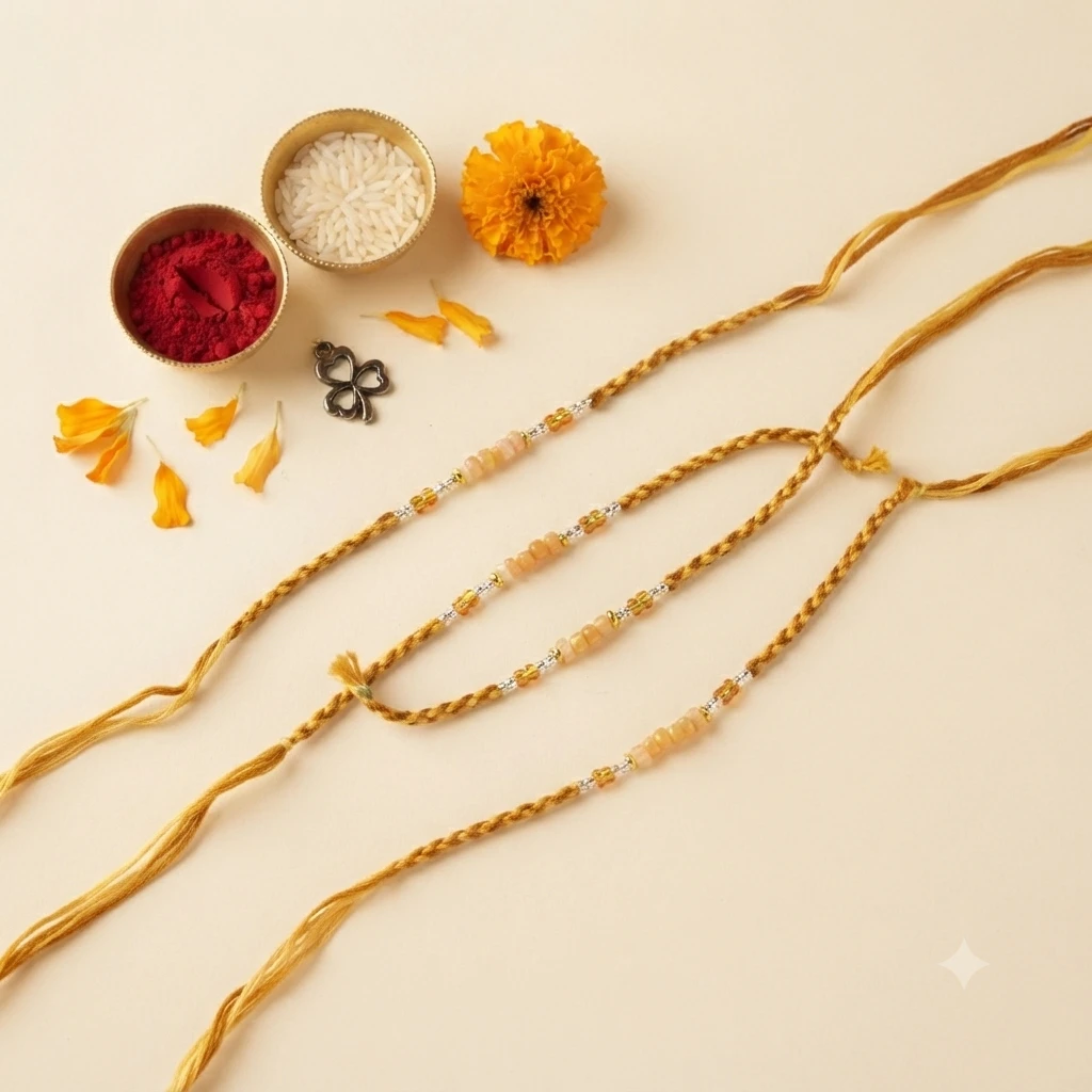 appears to be a light brown, crystal-adorned Dori Rakhi