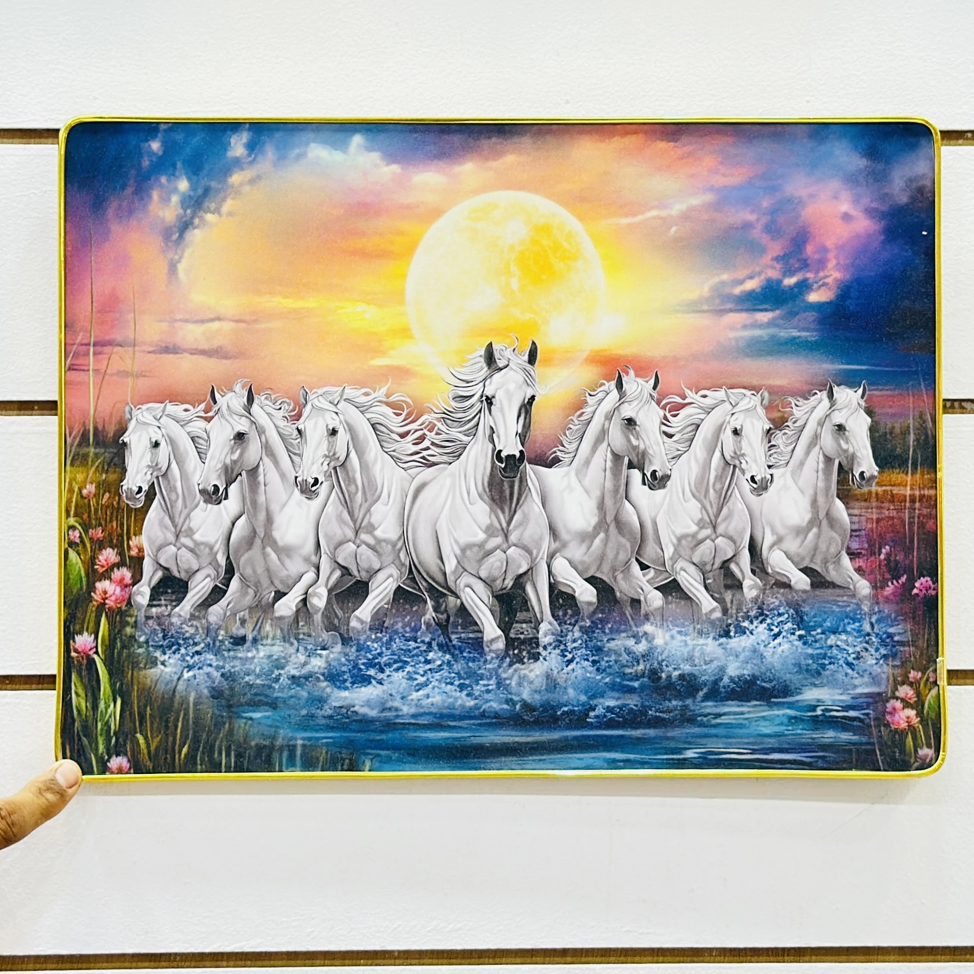 Sunrise White Lucky Seven Running Horses glass wall art…..MUIUCB
