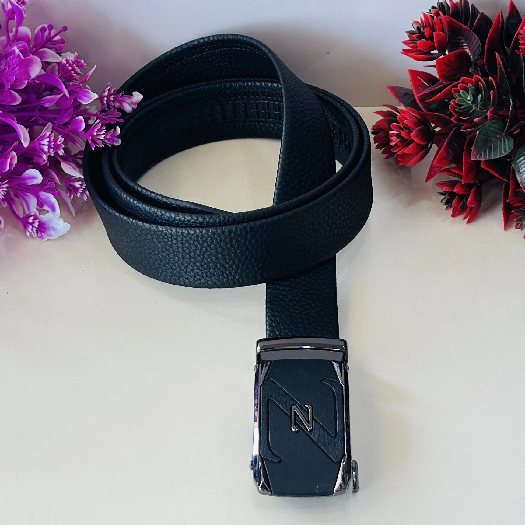 Black faux leather men's belt