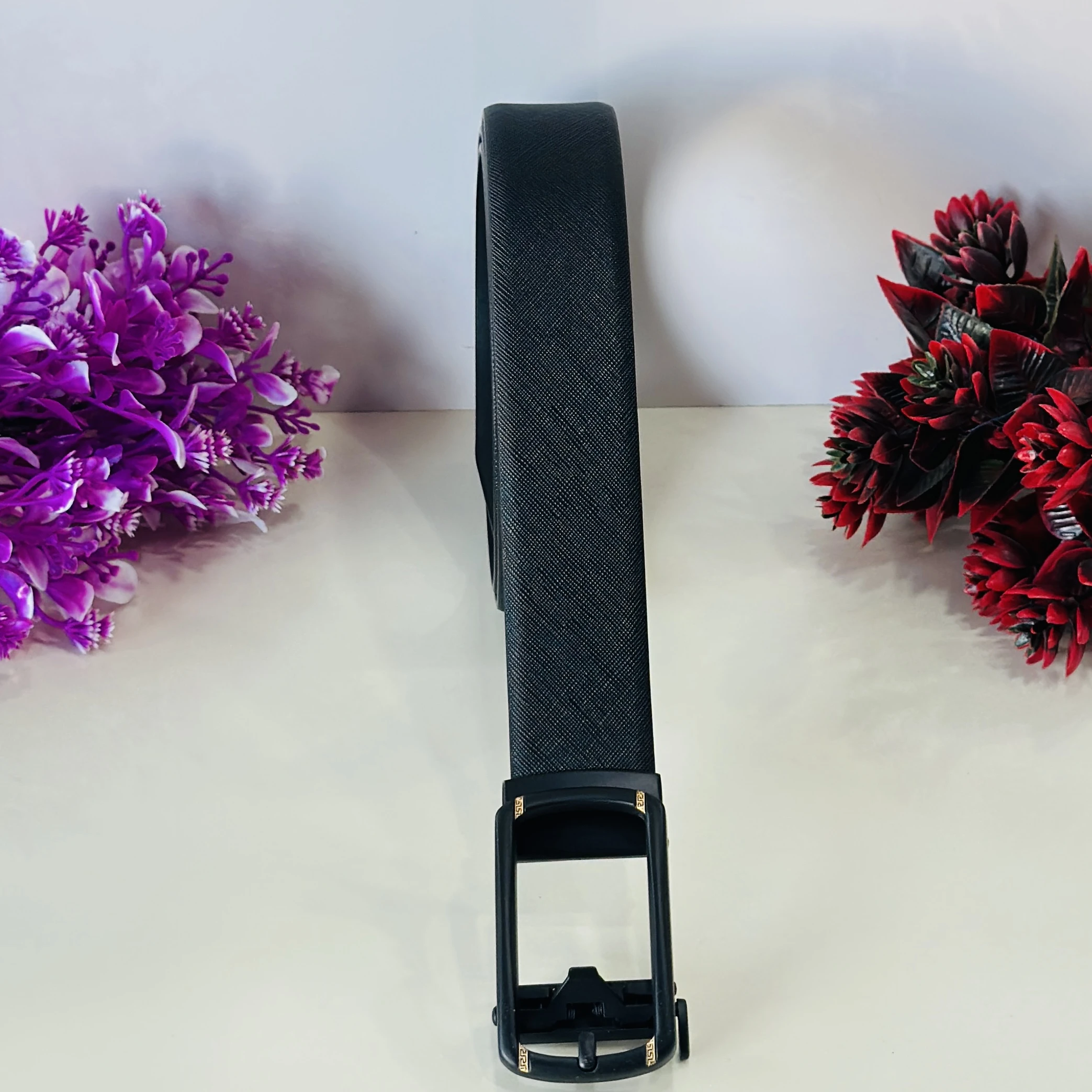Black genuine leather formal belt for men