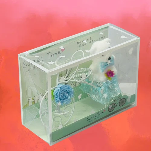 White Plastic Cycle with Teddy Bear and Rose Petals Gift Box