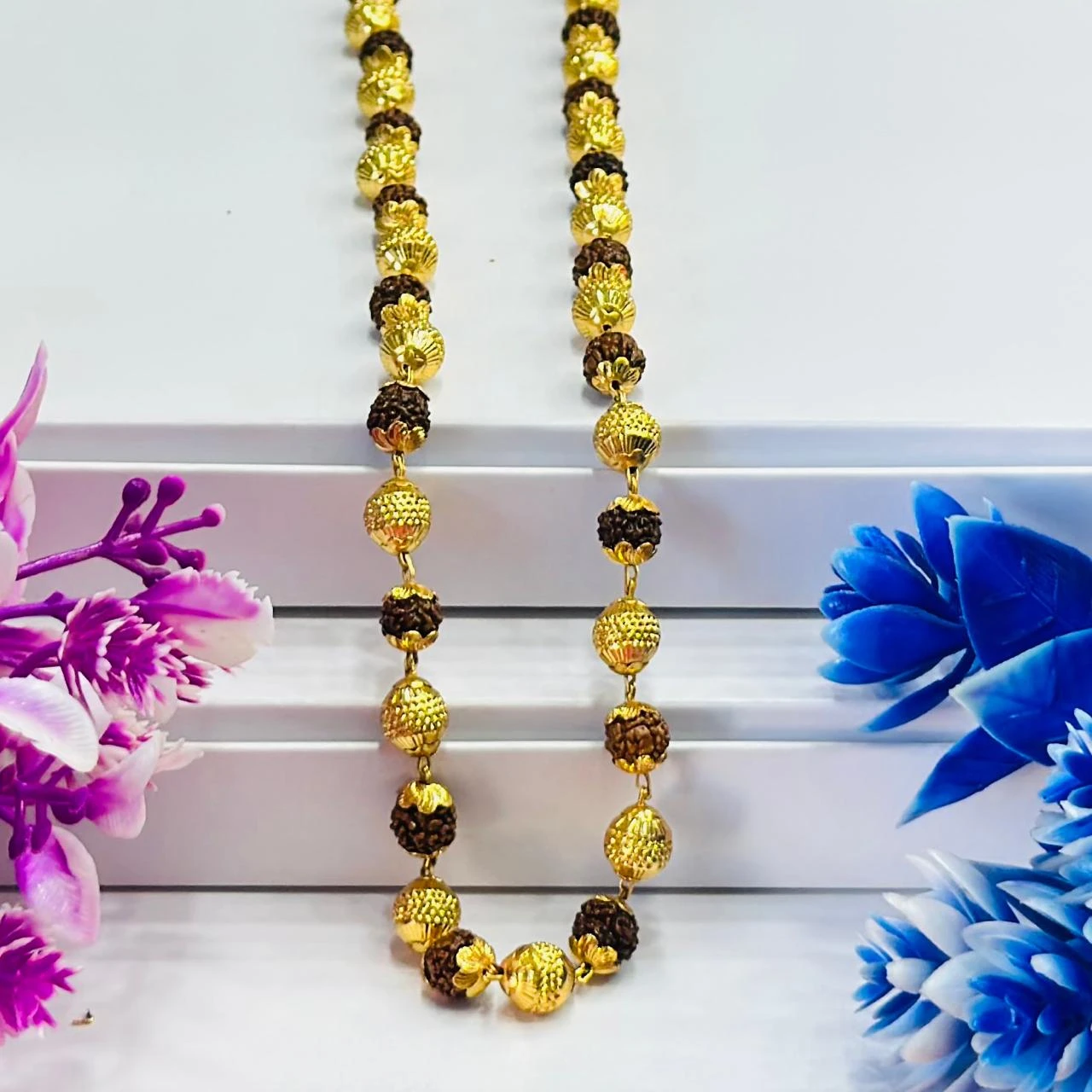 Golden Flower Brown Rudraksha Mala