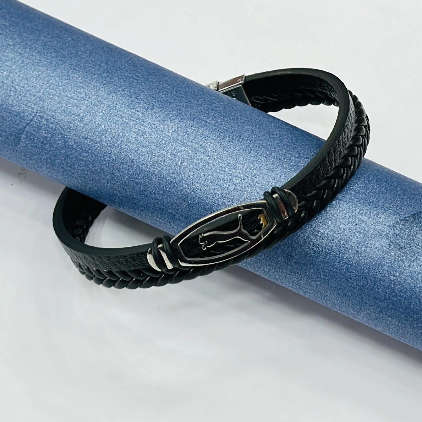 Black leather braided bracelet