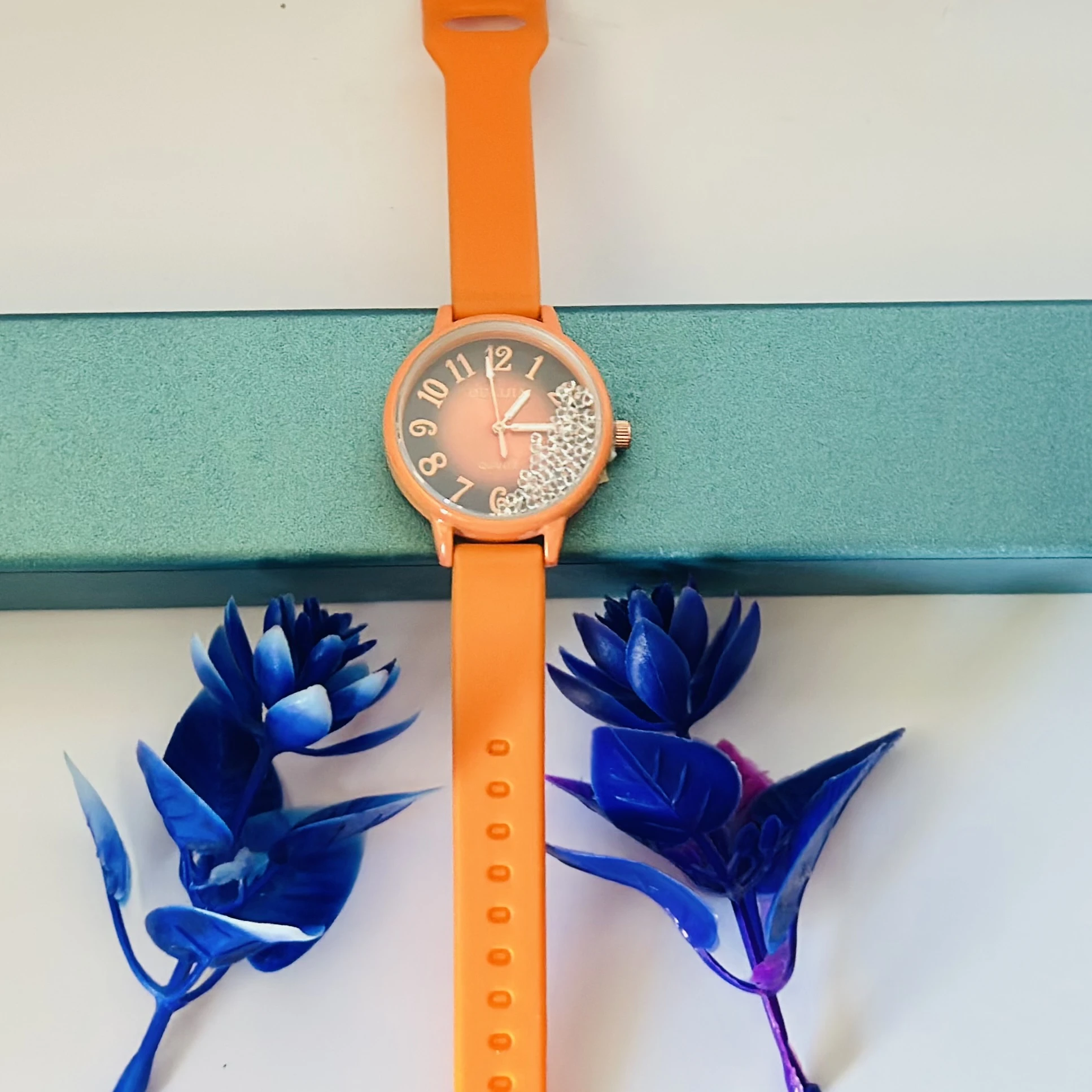 Women's Pop Colour orange aluminium printed dial analogue watch with an orange regular silicon strap.