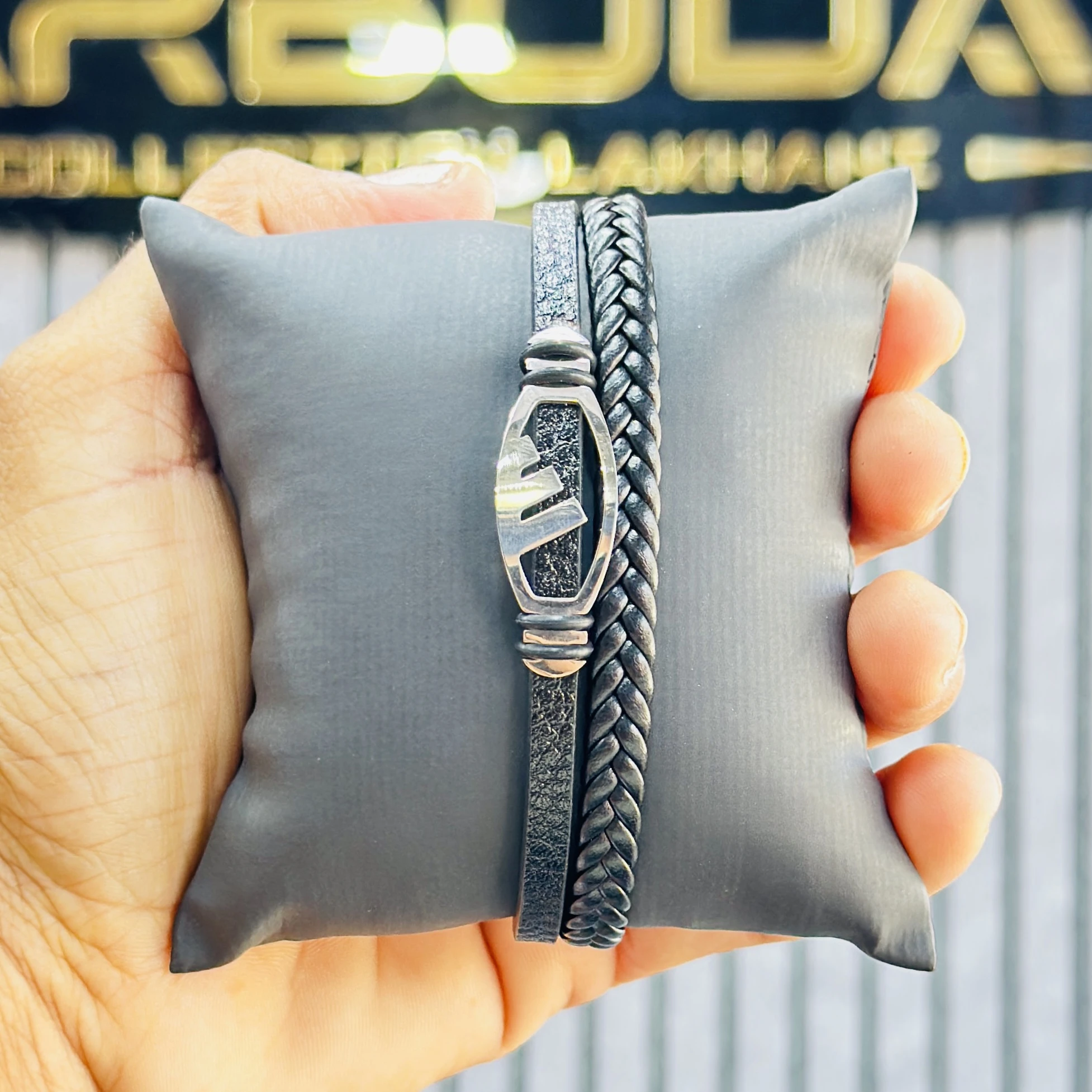 men's stainless steel and leather wraparound bracelet